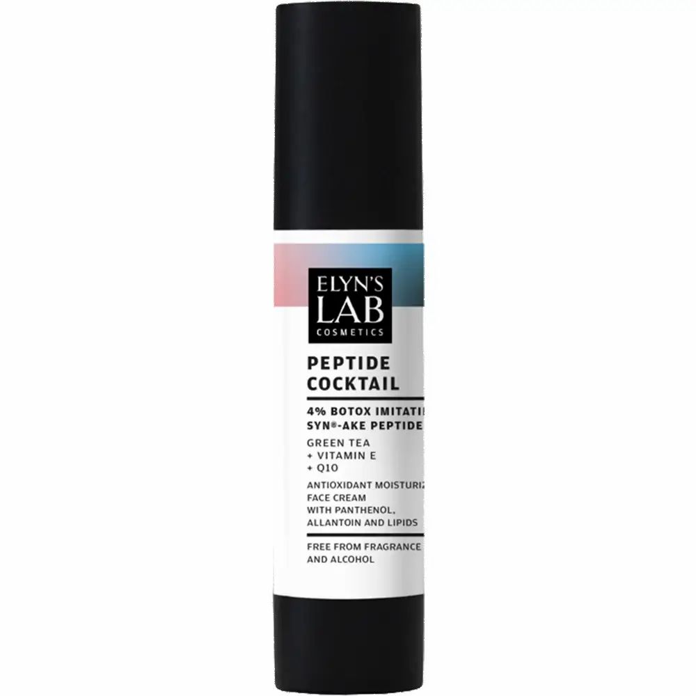 Gezichtscrèmetube met zwarte dop. Label met productnaam en ingrediënten. Merk: Elyn's Lab.