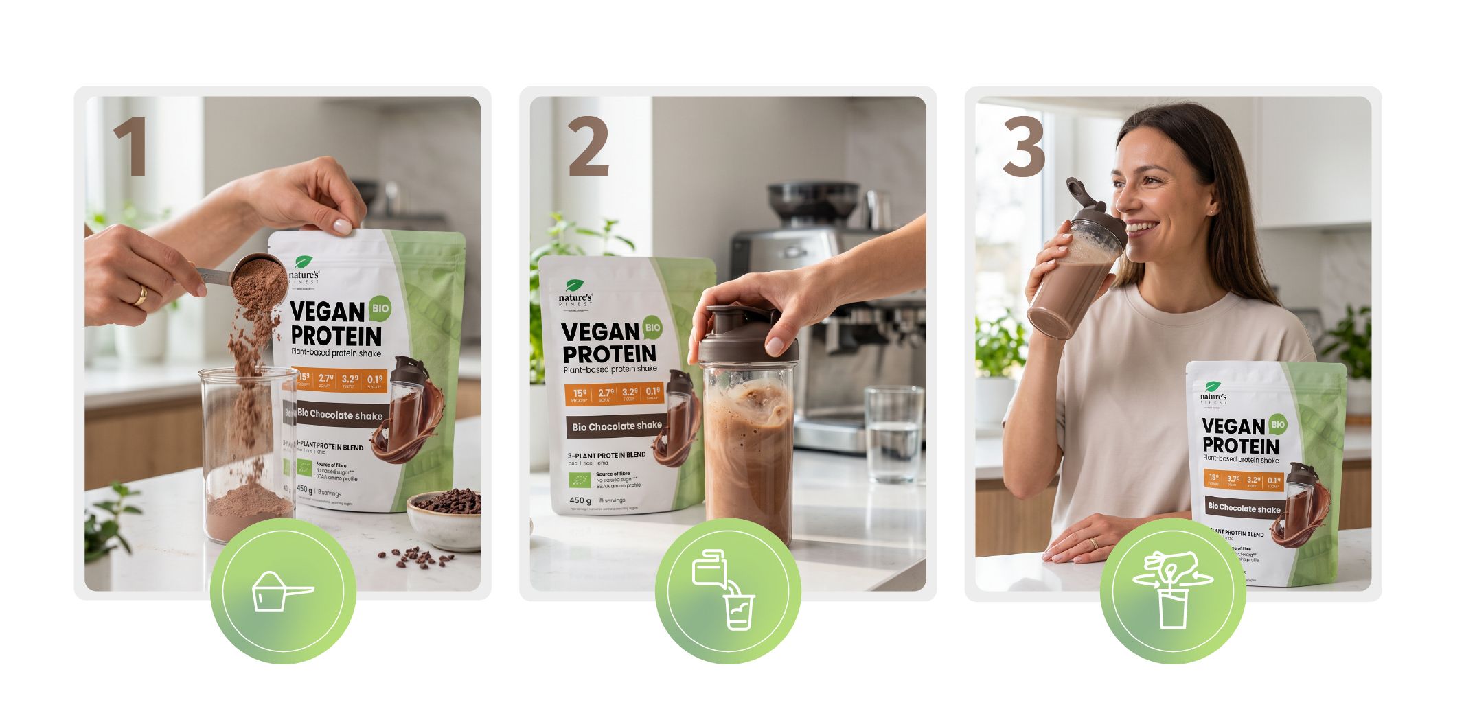 Instructions pour préparer un shake protéiné : prendre la poudre, mélanger, déguster.