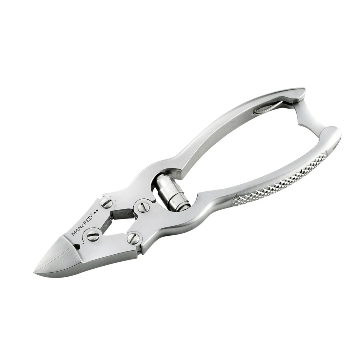 Nagelknipper met dubbele tandwielen. Zilverkleurig metaal. MANePED-logo. Schuine weergave.