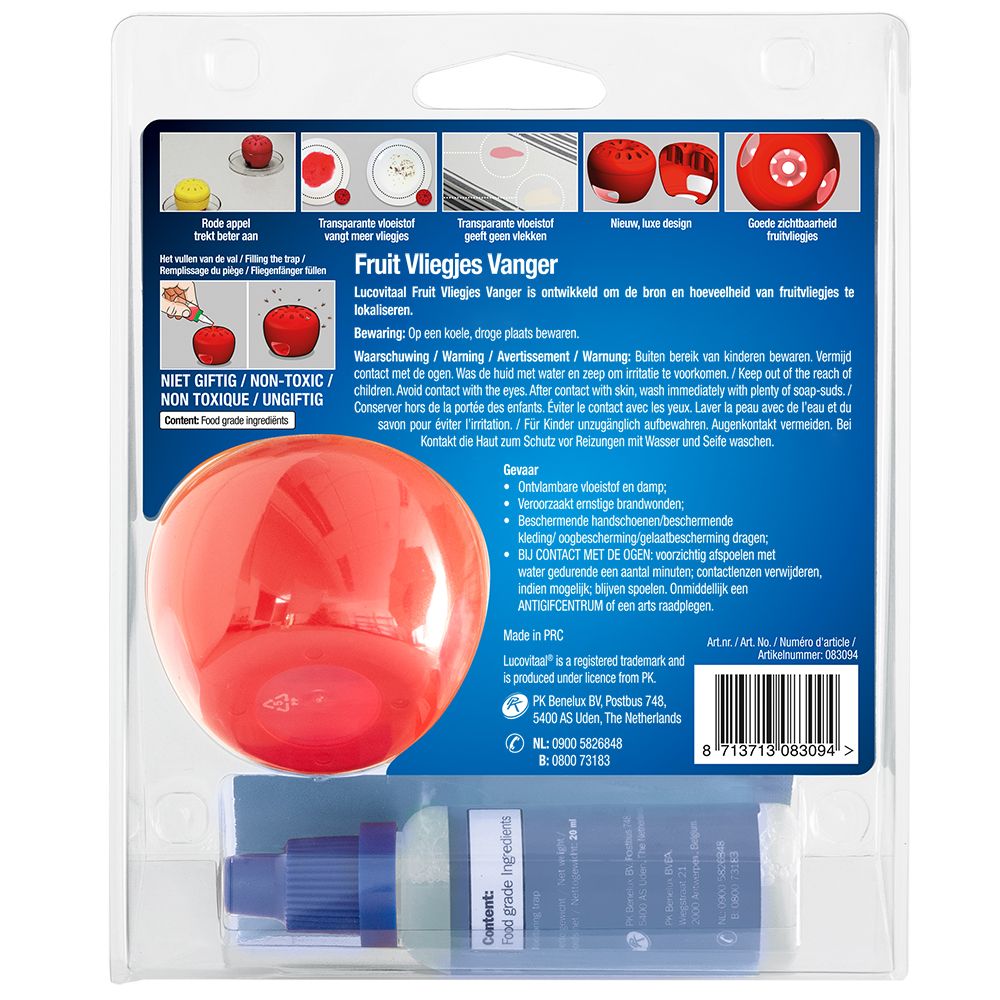 Piège à mouches à fruits rouge, rond, et flacon de liquide bleu dans un emballage transparent. Informations et avertissements au dos.