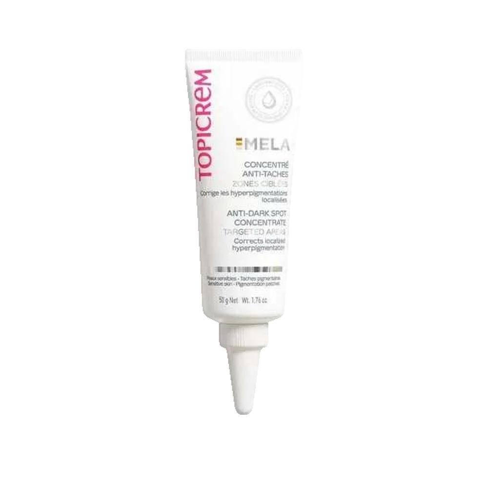 Tube blanc de Topicrem Mela. Concentré anti-taches. Inscriptions en français et anglais. Embout applicateur. Contenance 50g.