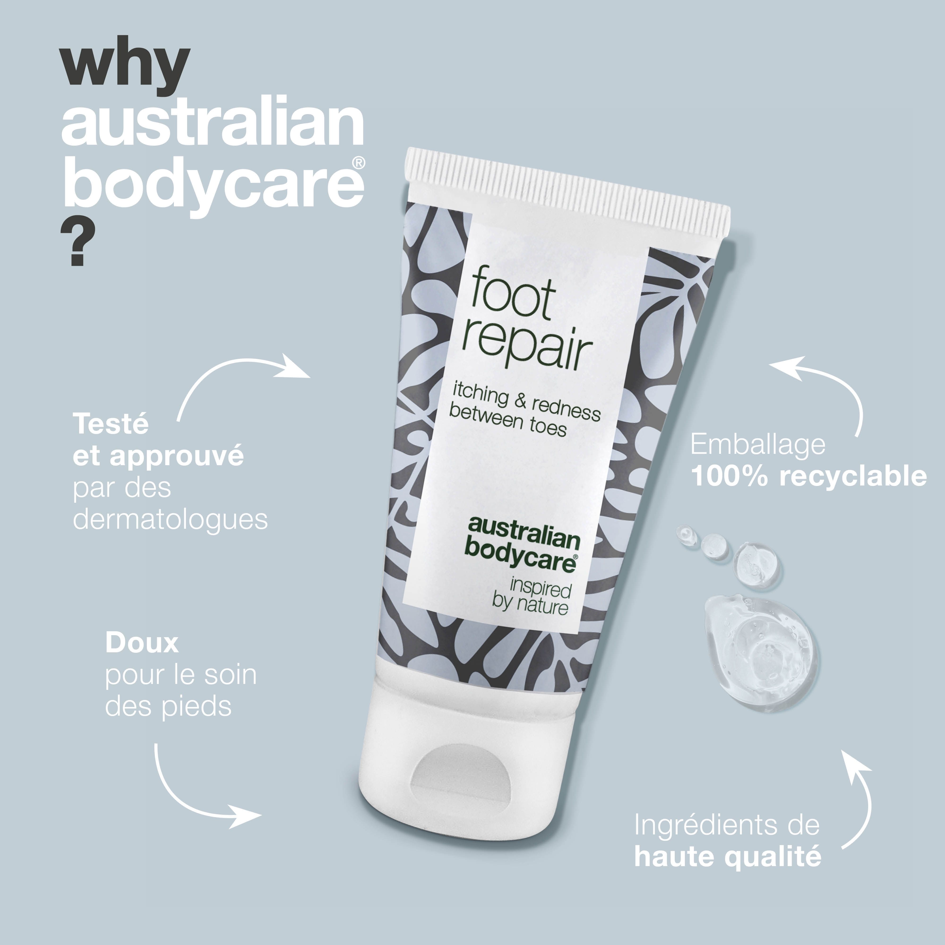 Tube de soin des pieds : foot repair, itching & redness between toes, Australian Bodycare. Texte : Emballage 100% recyclable.