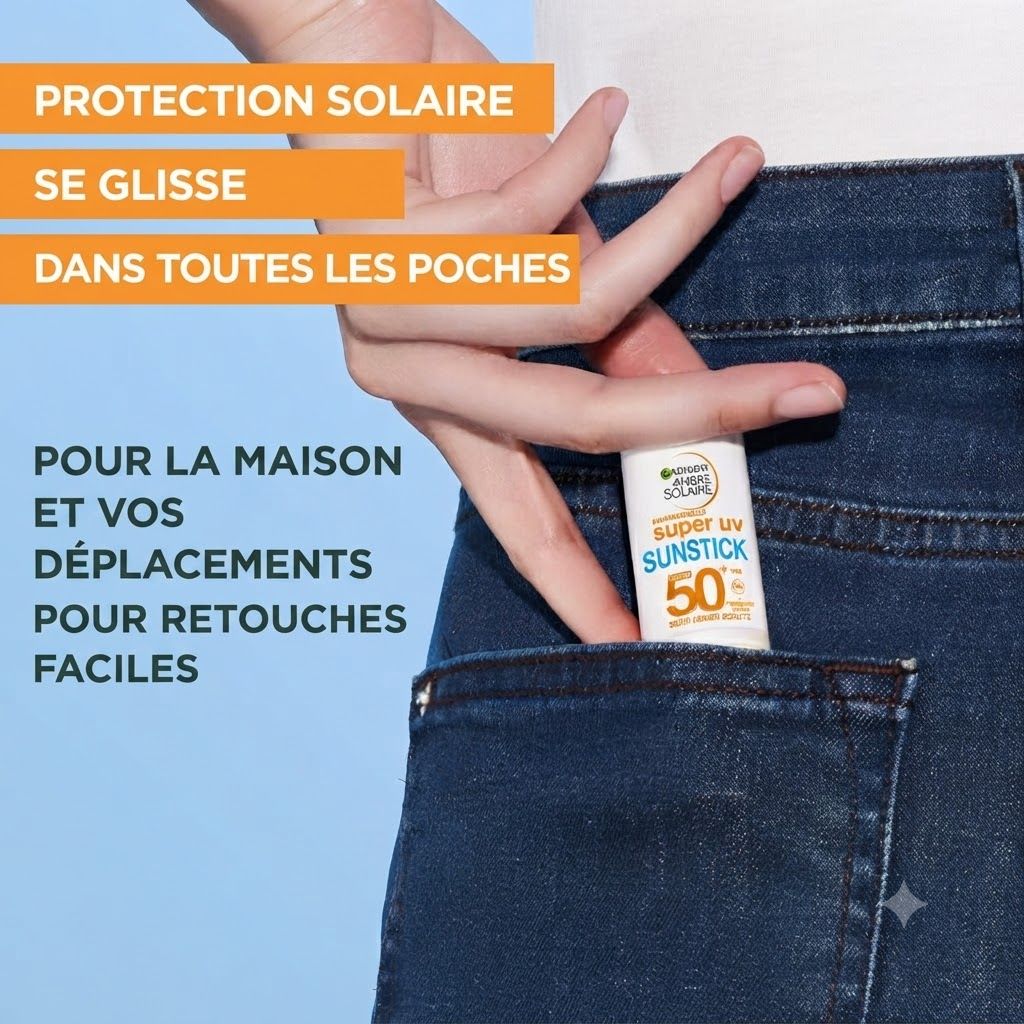 Un stick solaire SPF 50 est glissé dans la poche d'un jean.