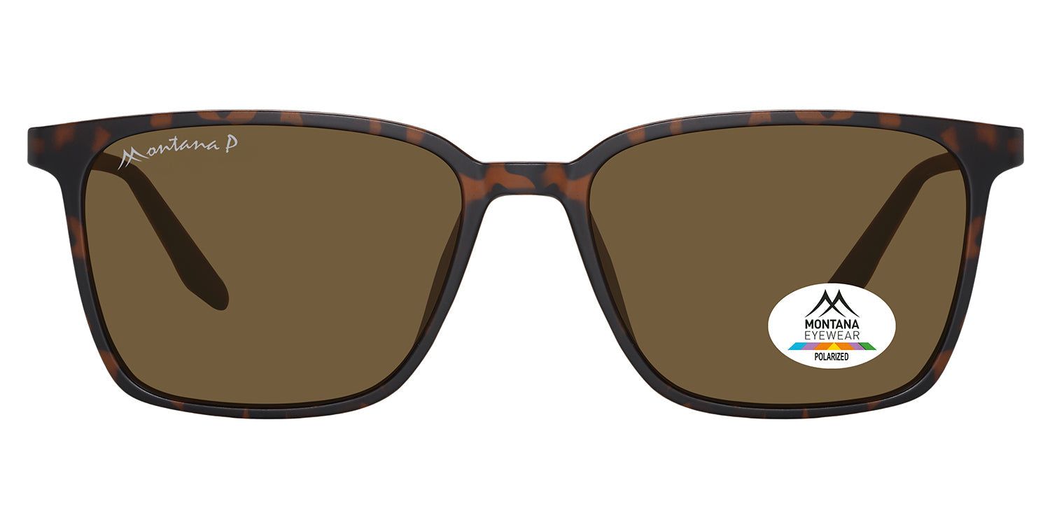 Lunettes de soleil marron avec monture marron. Un autocollant sur le verre droit affiche le logo et l'inscription 'Polarized'.