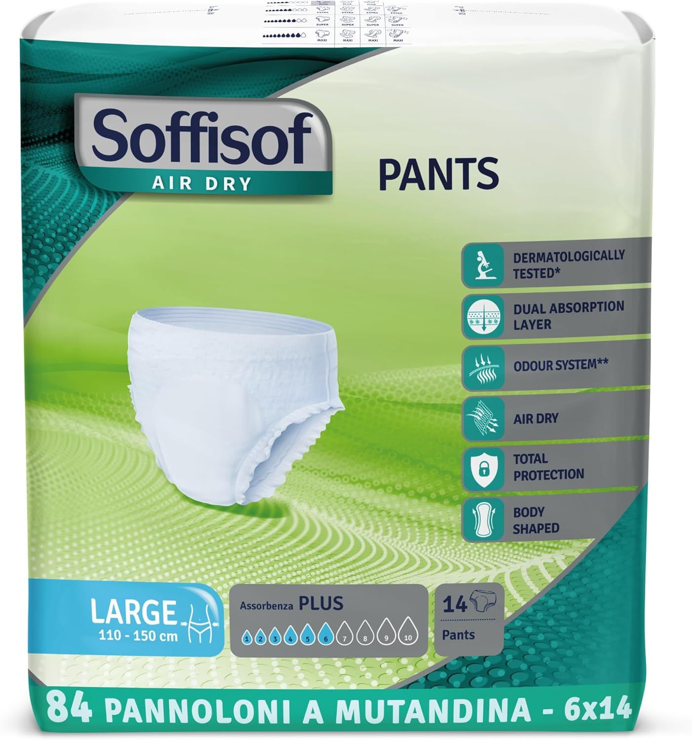 Soffisof Pants Plus incontinentiebroekjes. Witte broekjes, maat Large, 110-150 cm. Verpakking met 14 stuks. Opschriften: Air Dry, Plus, 84 stuks.