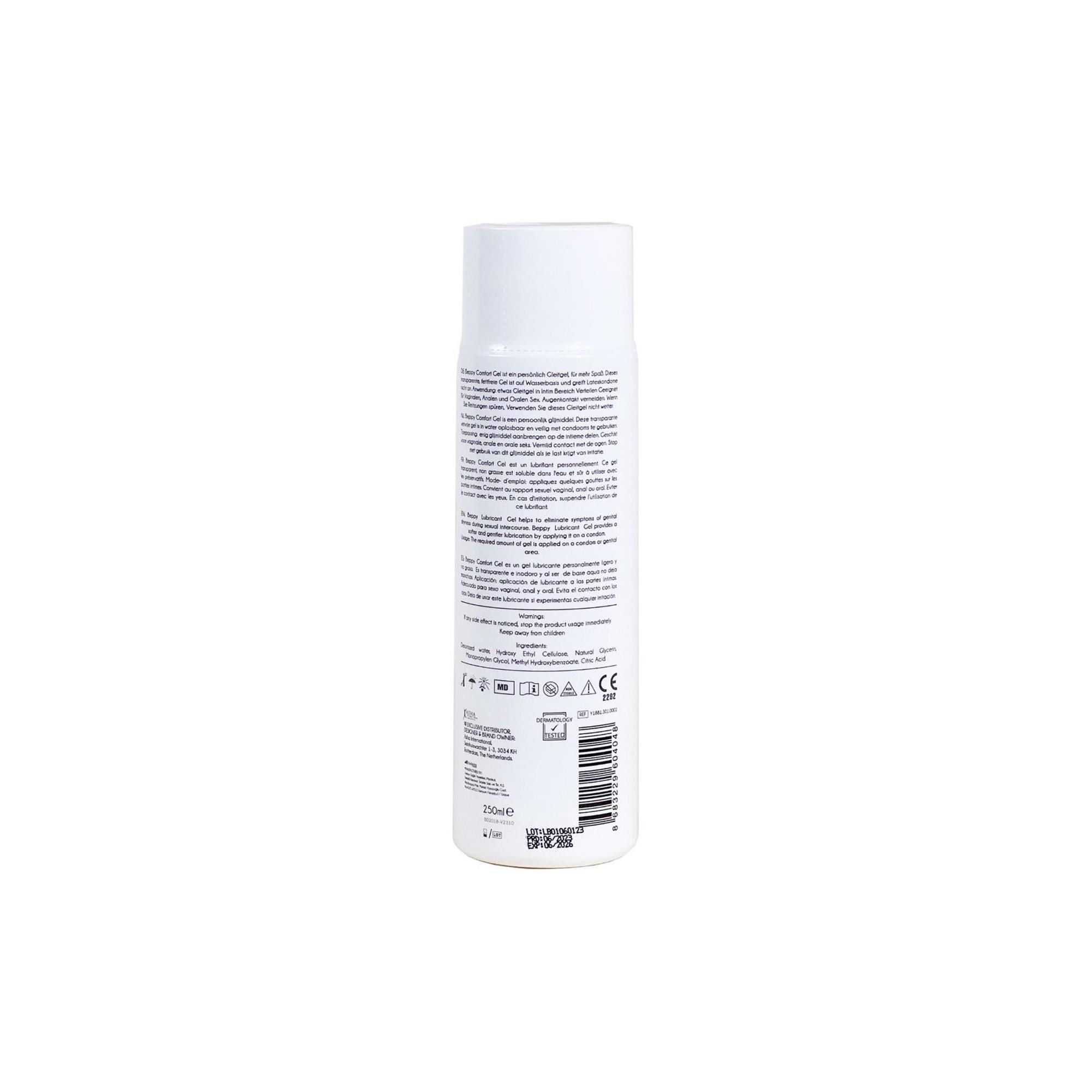Flacon de gel Beppy blanc, dos avec texte et code-barres. 250ml.