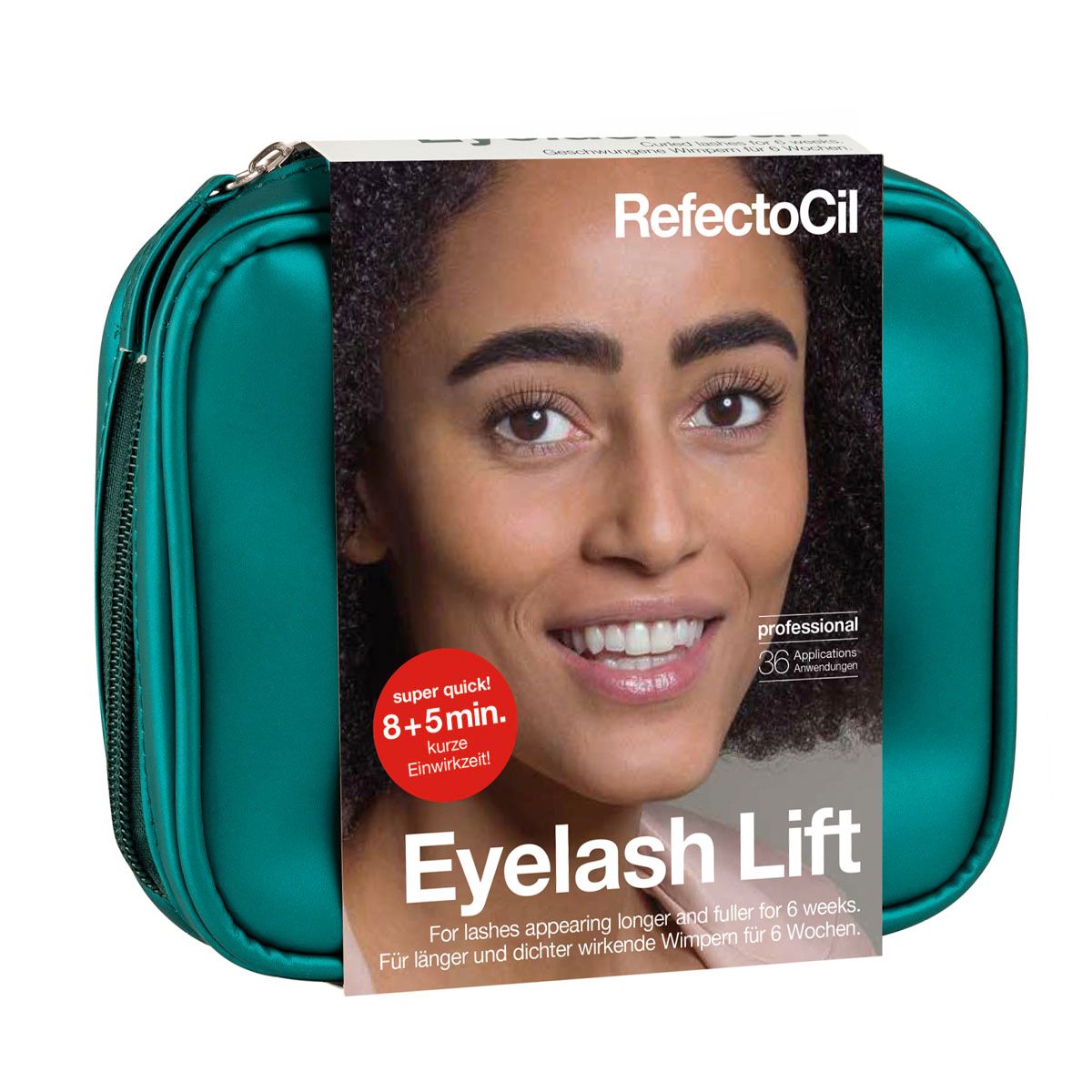 Turquoise make-uptas met productverpakking. Op de verpakking staat "RefectoCil Eyelash Lift". Een vrouwenportret is afgebeeld.