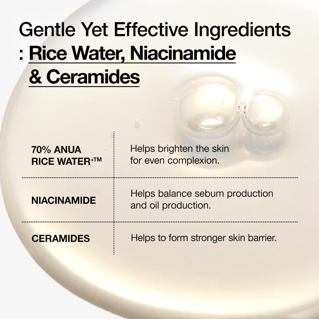 Texte avec ingrédients: Rice Water, Niacinamide & Ceramides. 70% Anua Rice Water, Niacinamide, Ceramides.