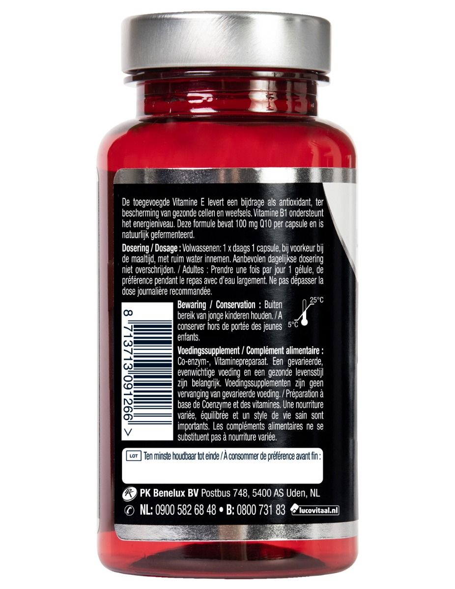 Achterkant fles met dosering en bewaarinstructies. Barcode en contactgegevens.