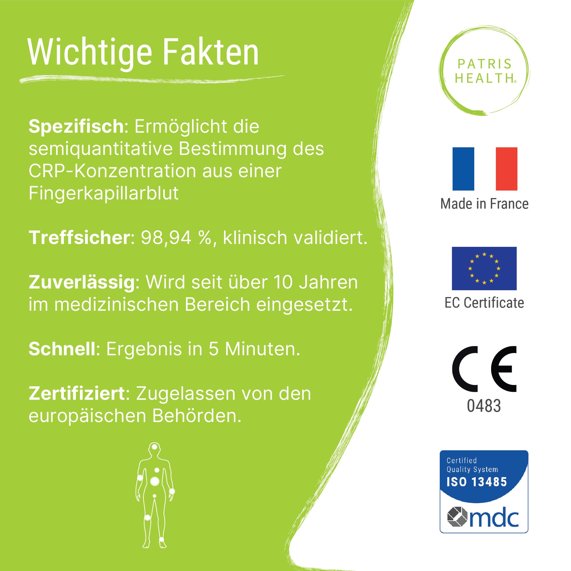 Belangrijke feiten over de CRP-zelftest. Gecertificeerd, resultaat in 5 minuten. Gemaakt in Frankrijk. Met CE-markering.