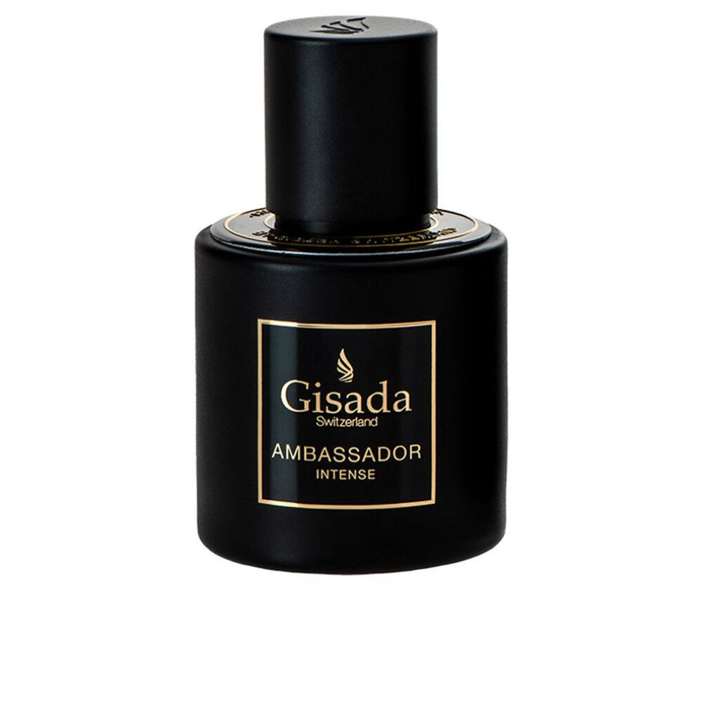 Zwarte fles met gouden tekst. Opschrift: Gisada Ambassador Intense. Zwarte dop. Rond.