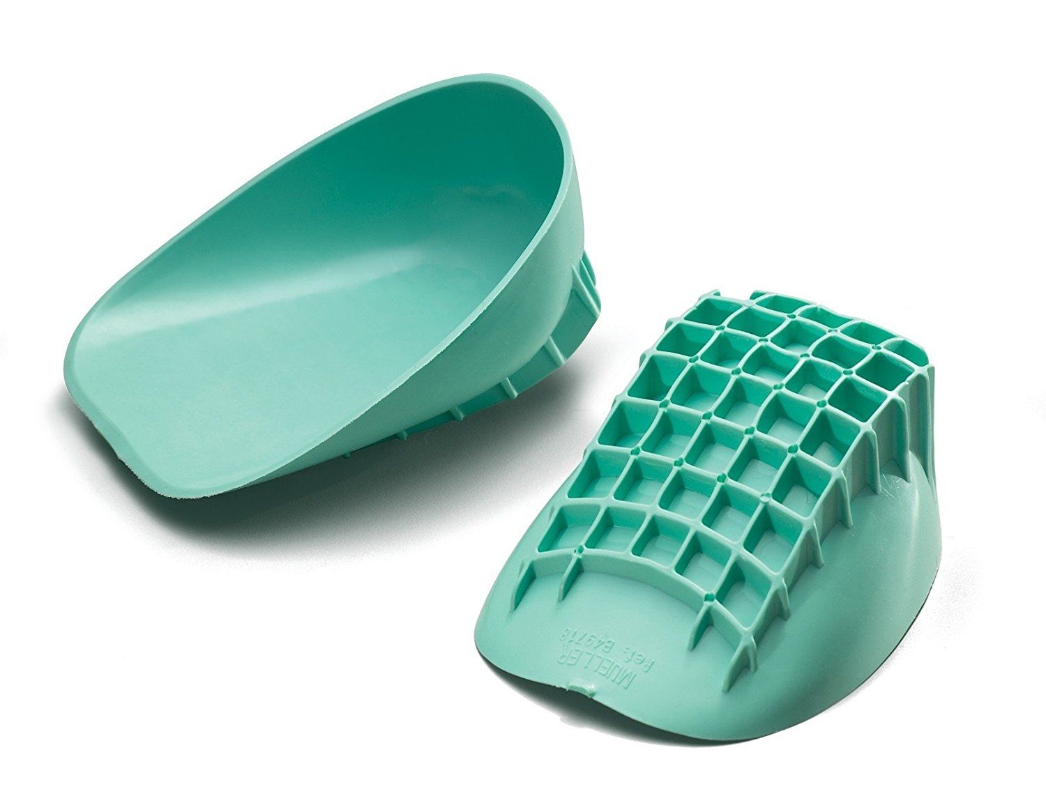Deux coussinets de talon turquoise. L'un a une surface lisse, l'autre un motif quadrillé.