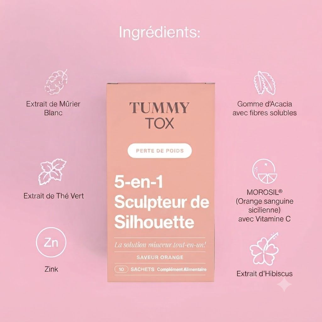Boîte Tummy Tox 5-en-1 Sculpteur de Silhouette saveur orange, 10 sachets.