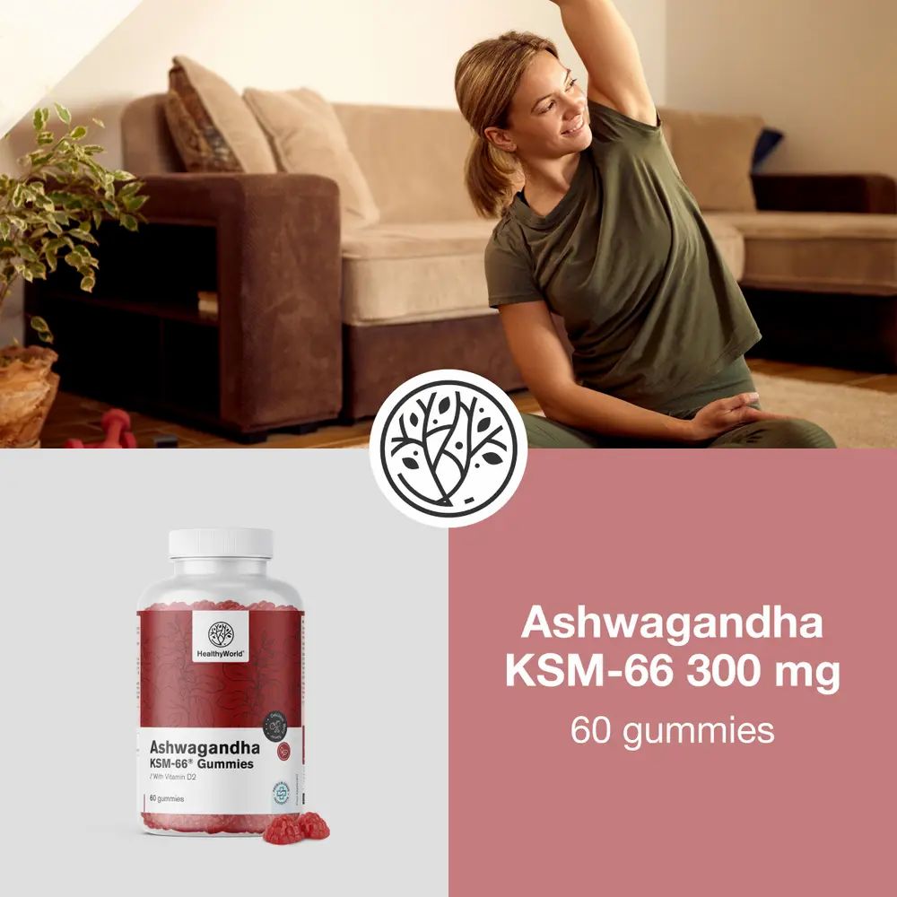 Vrouw traint naast een fles Ashwagandha KSM-66 Gummies. Merk: HealthyWorld.