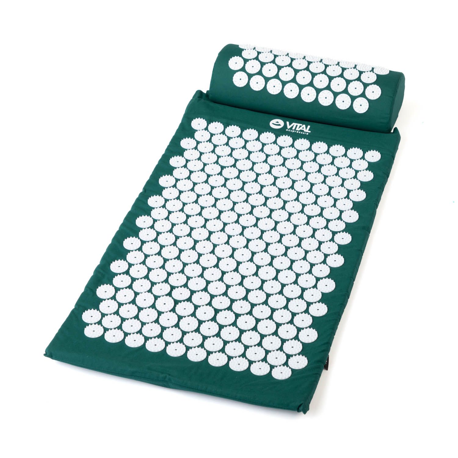 Tapis et coussin d'acupression verts. Picots blancs. Logo VITAL.