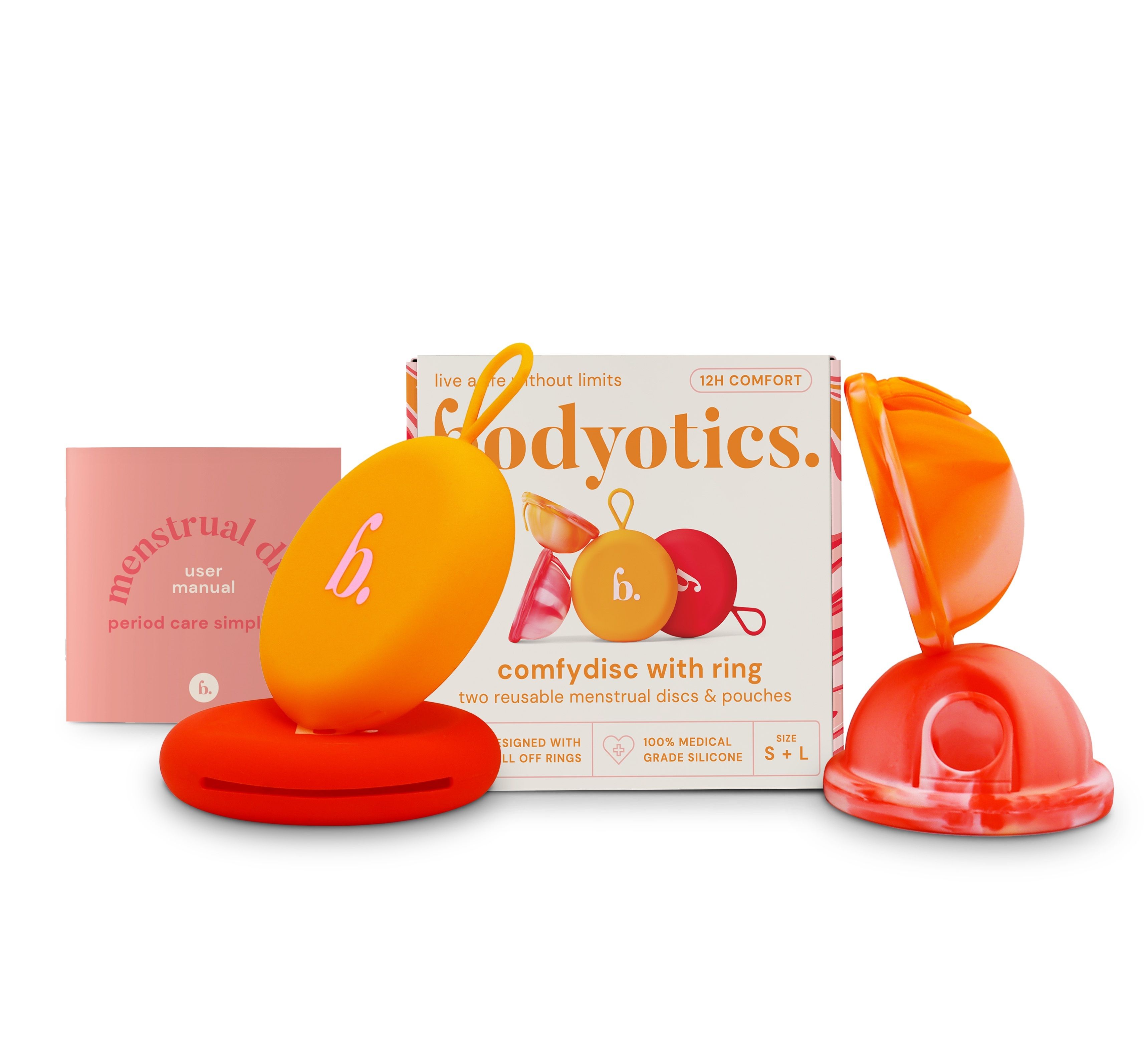 Set van twee herbruikbare menstruatieschijven, rood en oranje, met ringen en opbergzakjes.