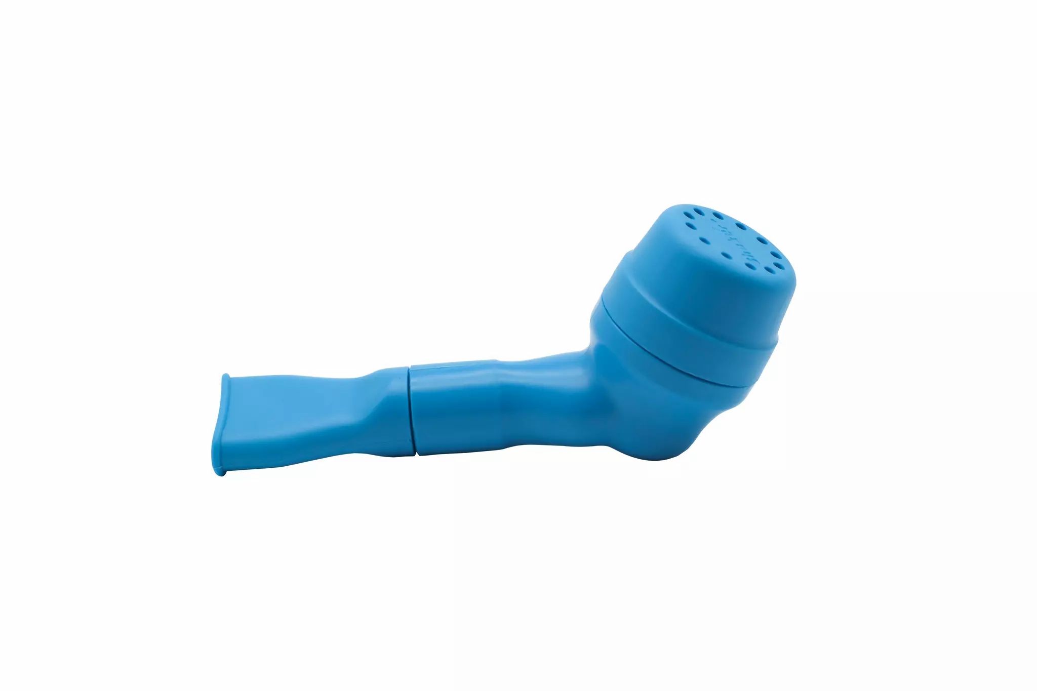 Appareil de thérapie respiratoire bleu avec embout buccal et extrémité ventilée.