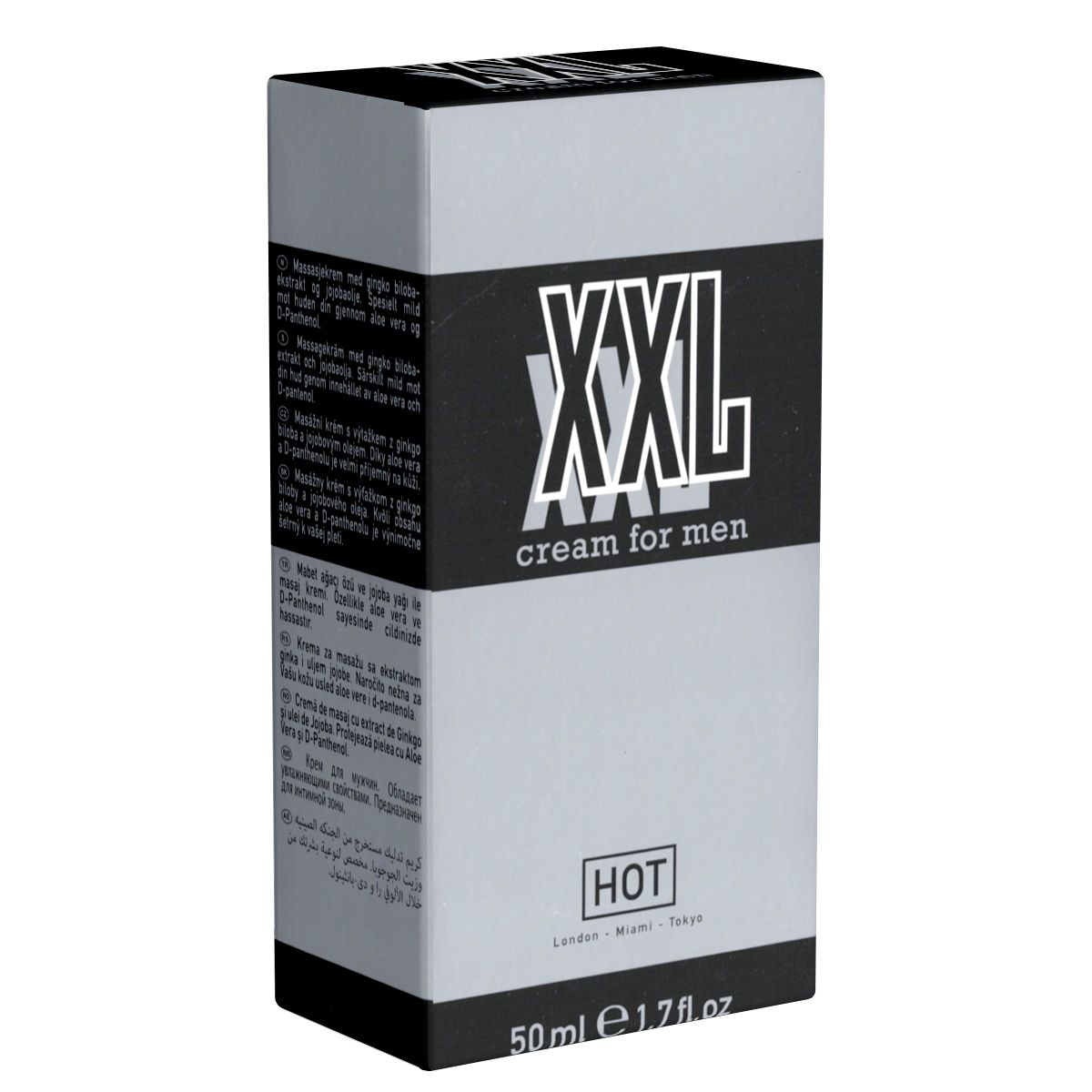 Grijze doos met "XXL cream for men" logo. "HOT" logo en volume-aanduiding. Tekst op de doos.