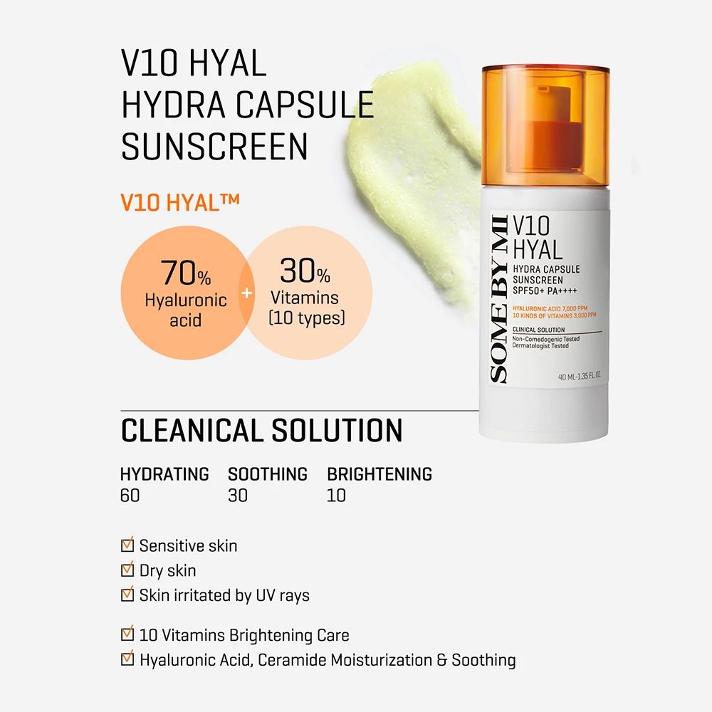 Image produit avec texte. SOME BY MI V10 Hyal Hydra Capsule Sunscreen. Contient acide hyaluronique et vitamines. Solution clinique.