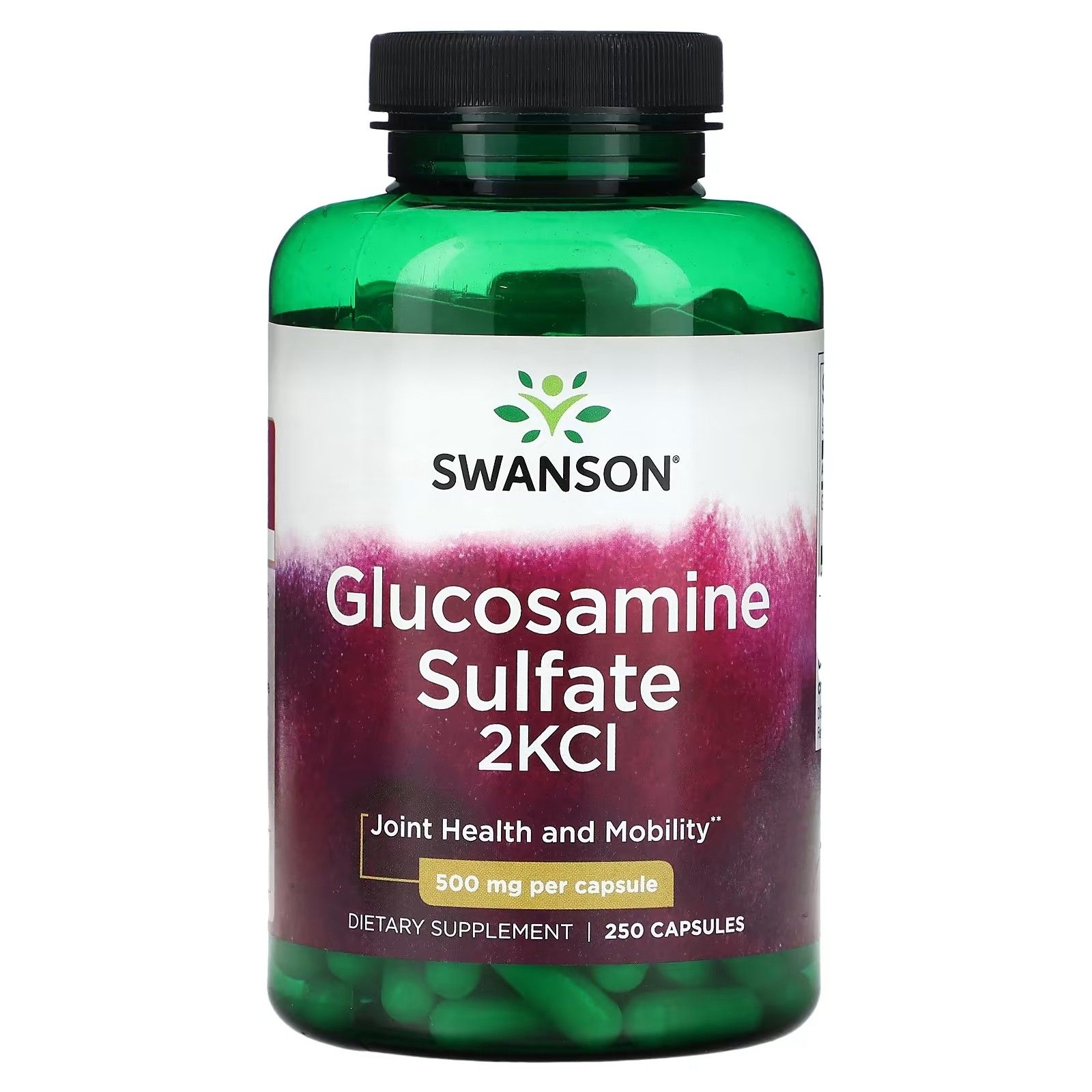 Groene fles Glucosamine Sulfaat 2KCI Swanson. Bevat 250 capsules. Opschrift: 500 mg per capsule. Voor gewrichtsgezondheid en mobiliteit.