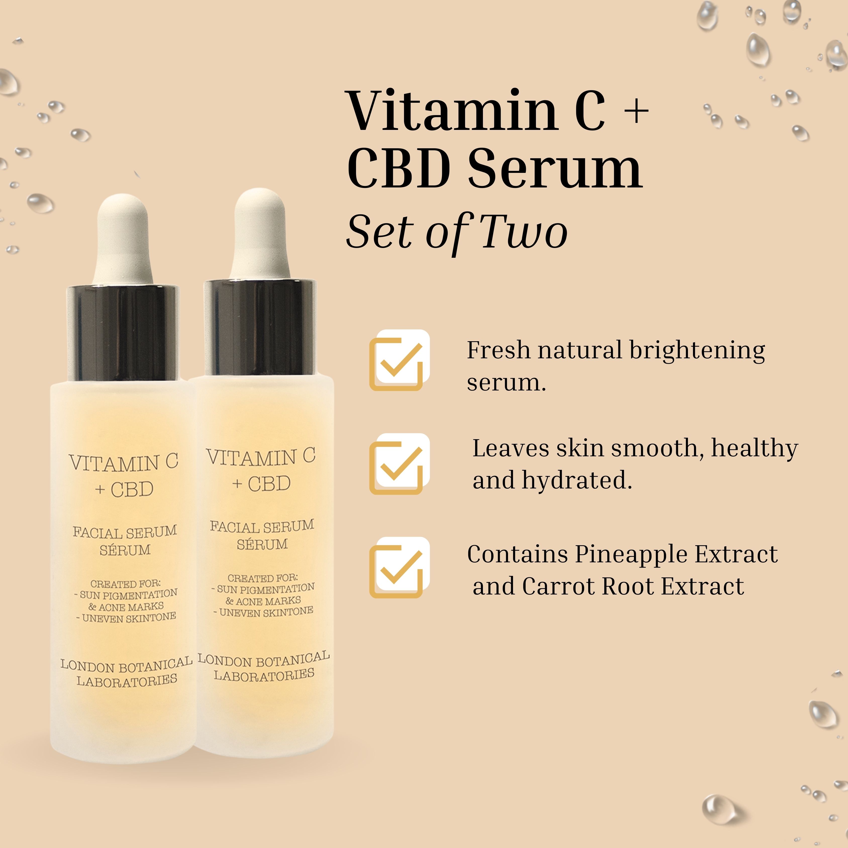 Deux flacons de sérum avec pipettes. Texte: Vitamin C + CBD Serum. Set of Two. Informations produit.