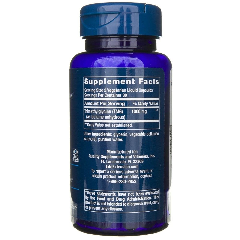 Life Extension TMG 500 mg, dos avec informations nutritionnelles et fabricant.