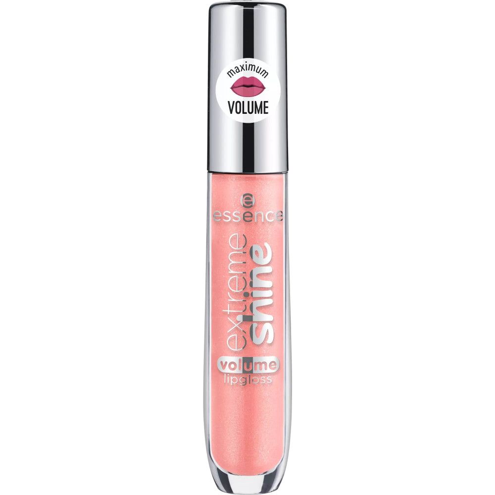 Lipgloss tube met zilveren dop. Sticker met lippen-symbool en opschrift « VOLUME ». Productnaam « extreme shine volume lipgloss ».