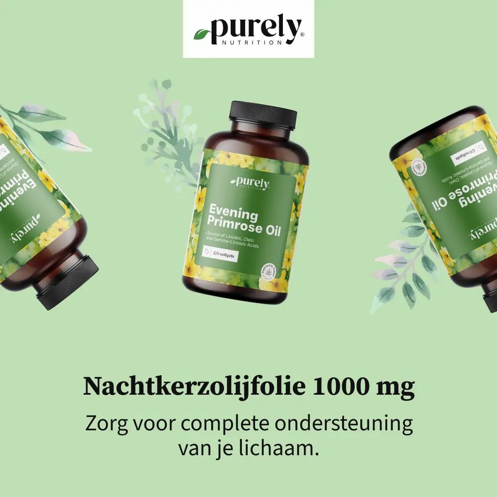 Drie flessen teunisbloemolie. Tekst: Nachtkerzenoliefolie 1000 mg. Zorg voor complete ondersteuning van je lichaam.