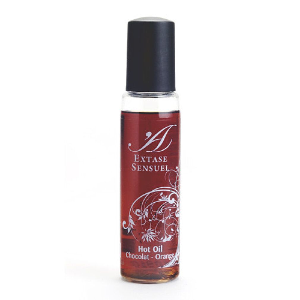 Petit flacon en verre brun avec applicateur roll-on noir et étiquette "Extase Sensuel Hot Oil Chocolat-Orange".