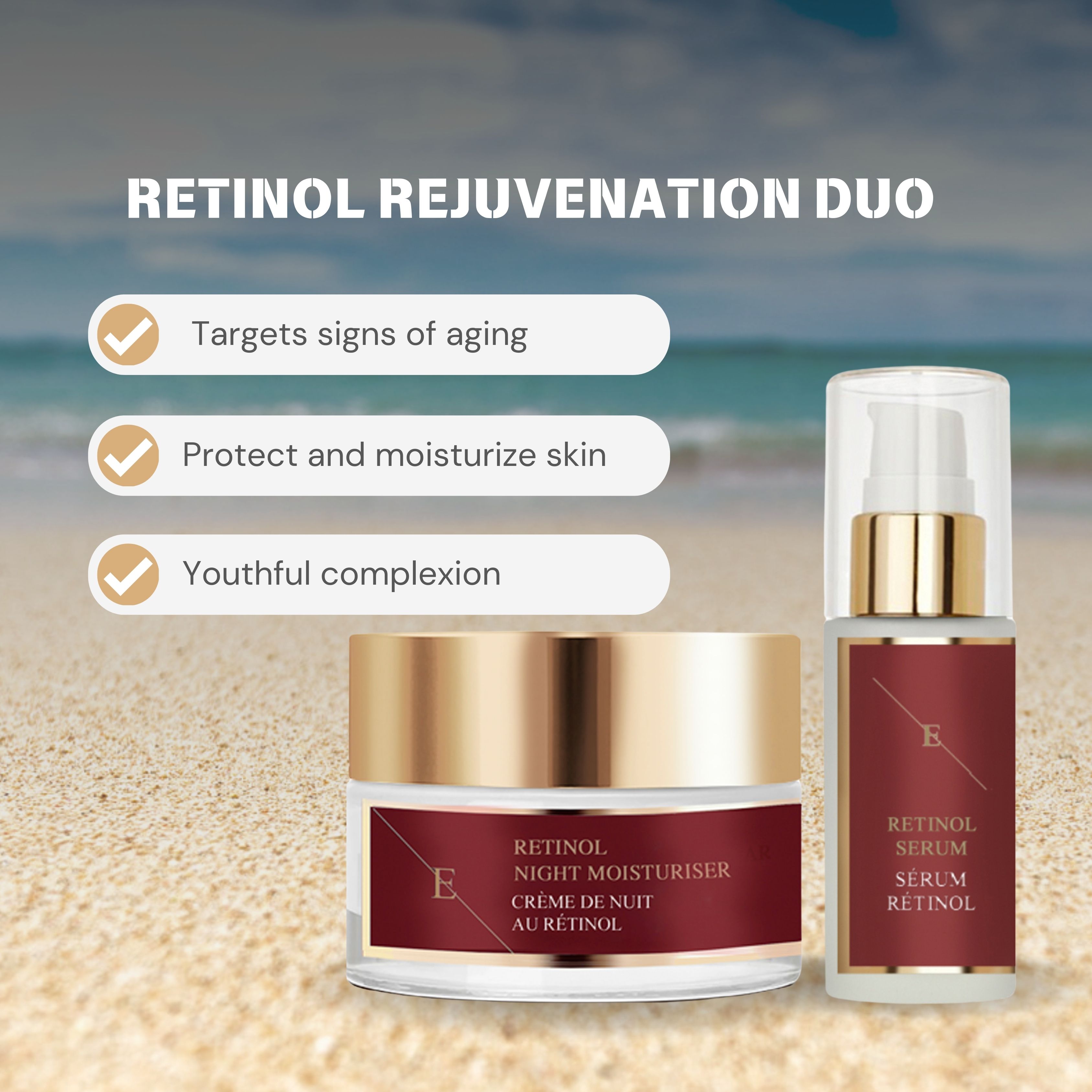 Retinol Rejuvenation Duo. Retinol Night Moisturiser et Retinol Serum. Sur du sable, avec des éléments textuels sur les avantages.