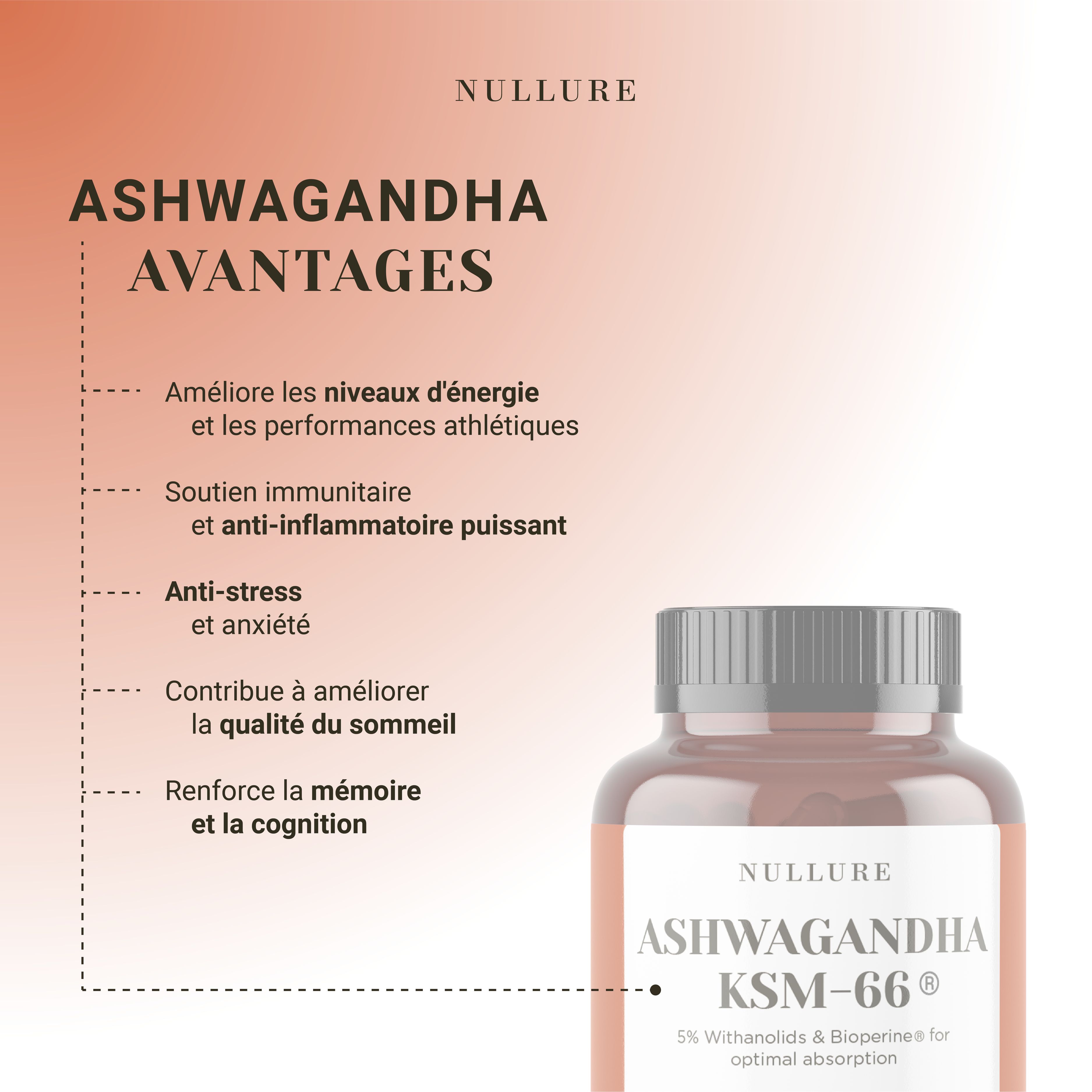 Fles Ashwagandha KSM-66 voedingssupplement, voordelen voor energie, stress, slaap en cognitie.