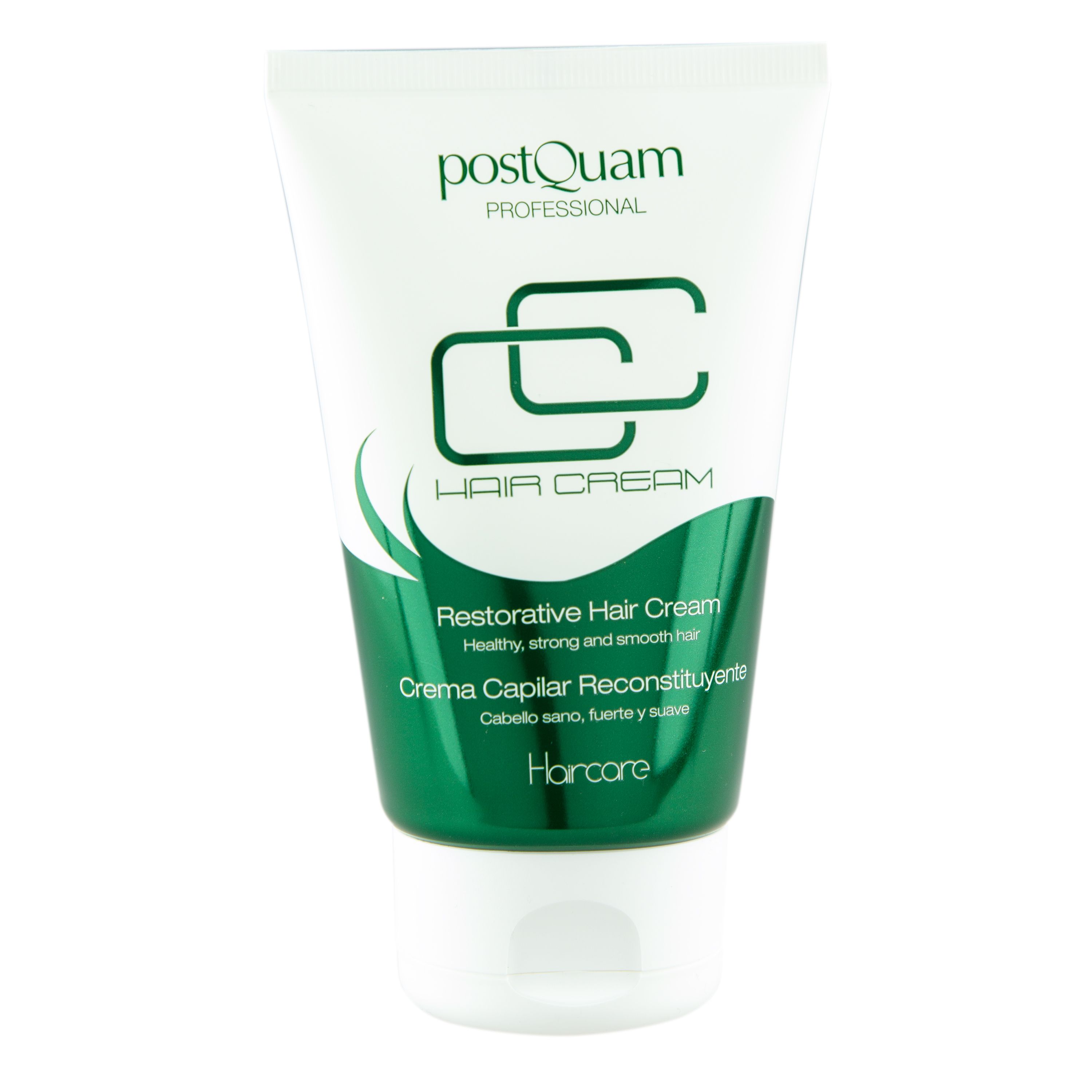 Witte tube met groene band. Tekst: Restorative Hair Cream, PostQuam Professional. Opschriften in het Engels en Spaans.