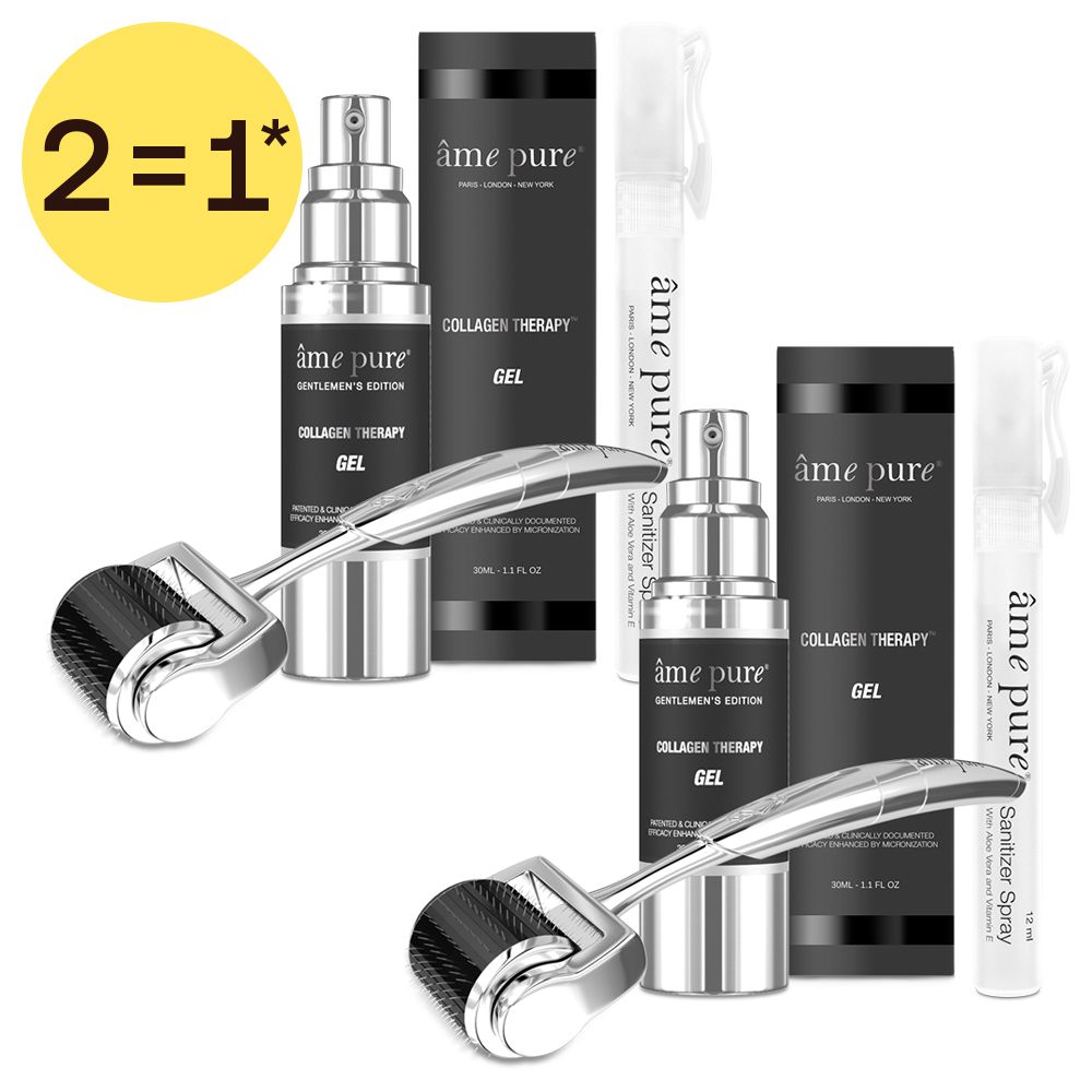 Twee microneedling rollers met gel en desinfecterende spray.