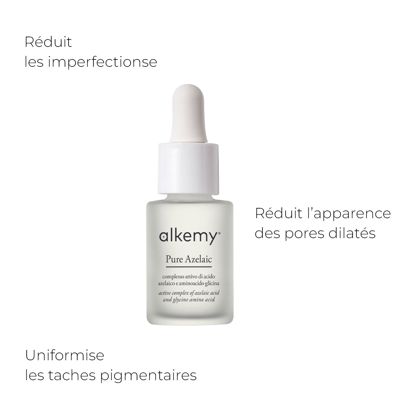 Flacon de sérum Alkemy Pure Azelaic avec indications textuelles françaises sur les améliorations cutanées.