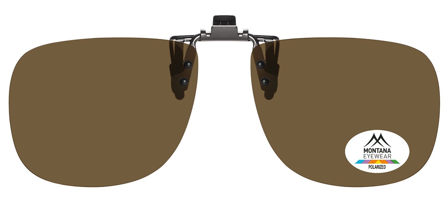 Lunettes de soleil à clipser avec verres bruns. Le logo Montana Eyewear et l'inscription POLARIZED sont visibles sur un verre.