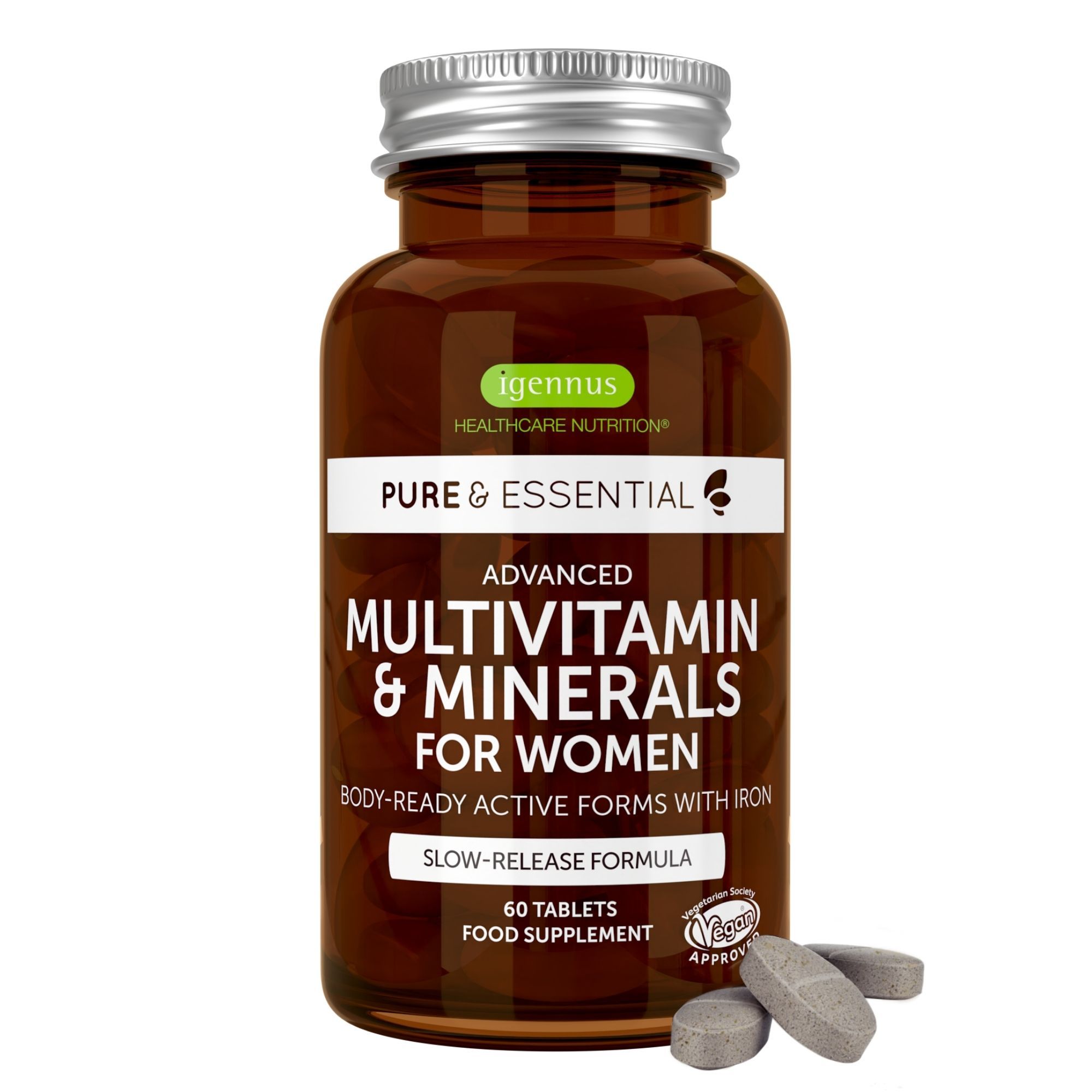 Bruine glazen fles met zilveren dop, met multivitamine tabletten voor vrouwen.