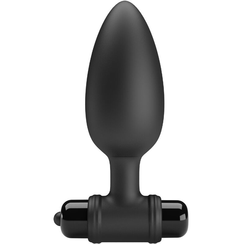 Zwarte vibrerende anale plug met brede basis en bedieningselementen. Glad oppervlak, ergonomische vorm.