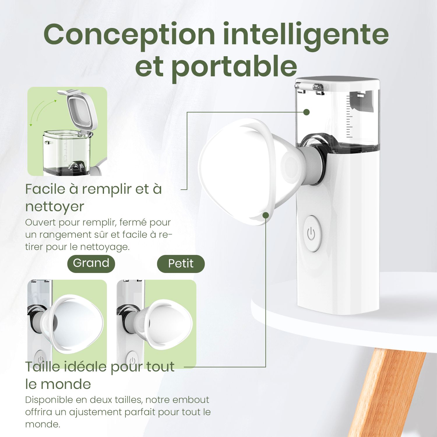 Graphique montrant l'appareil avec accessoires. Décrit le remplissage et le nettoyage faciles. Deux tailles d'embout.