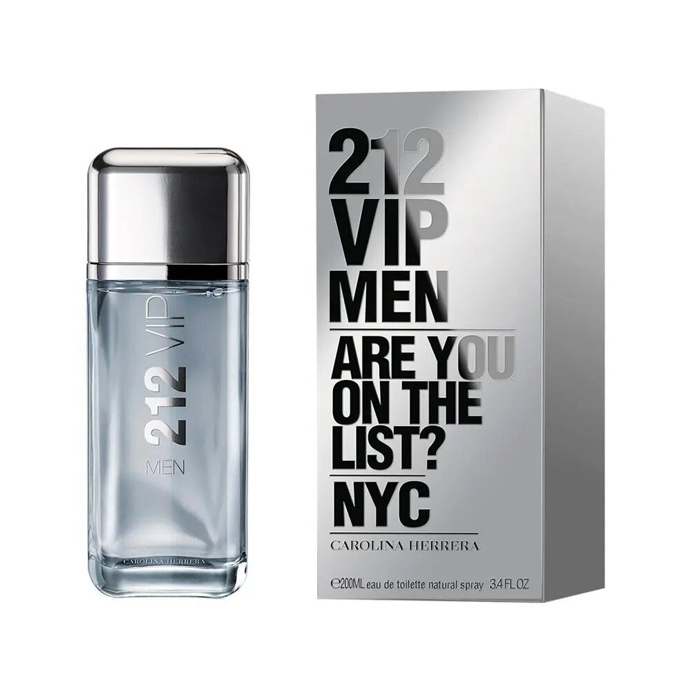 Flacon et emballage. Inscription : 212 VIP MEN, ARE YOU ON THE LIST? NYC, CAROLINA HERRERA. Bouchon argenté.