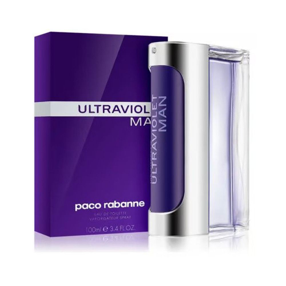 Boîte et flacon violets. 'ULTRAVIOLET MAN' sur la boîte. Flacon avec bouchon argenté.