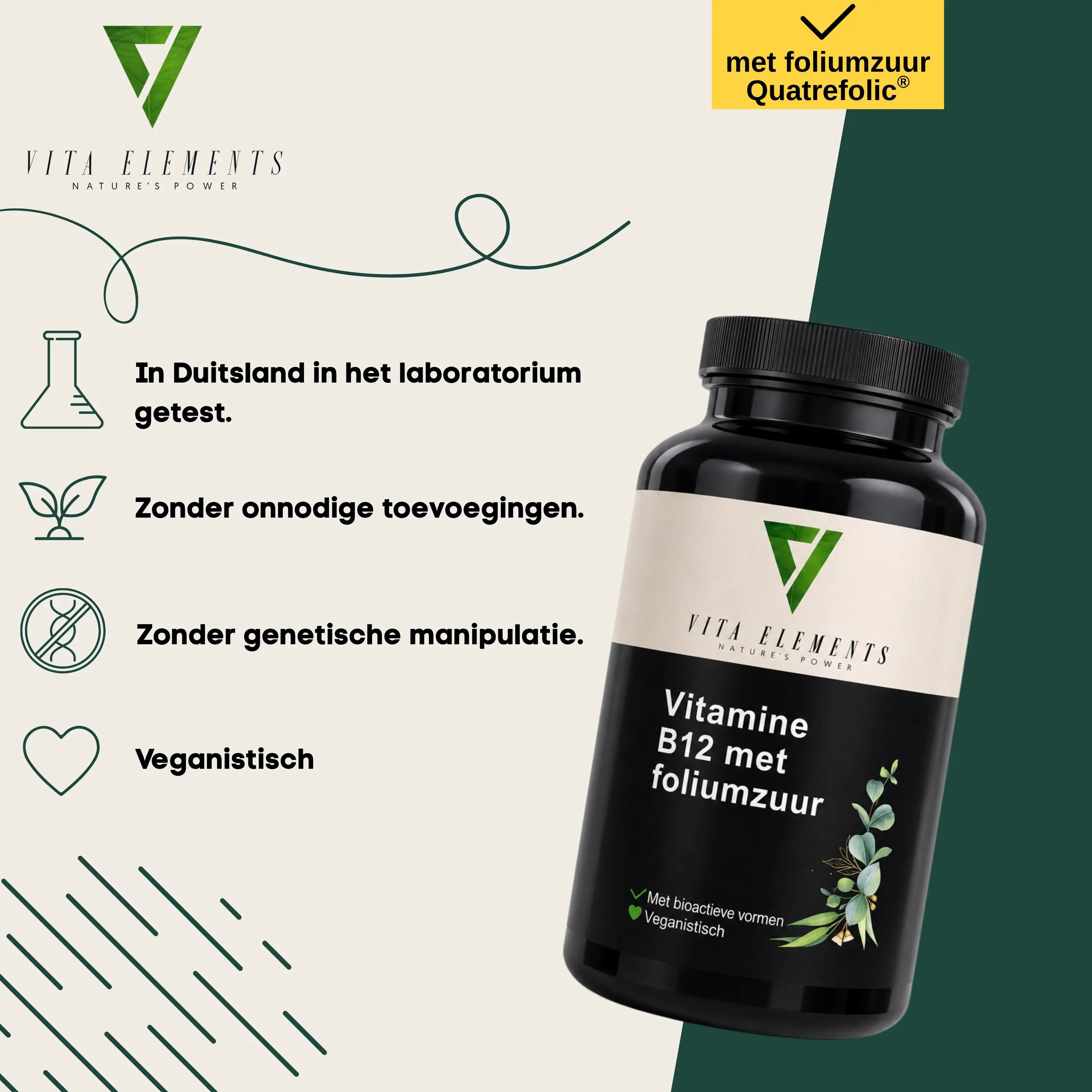 Pot Vita Elements Vitamine B12 met foliumzuur, met iconen voor laboratoriumtest, zonder toevoegingen, GGO-vrij, veganistisch.