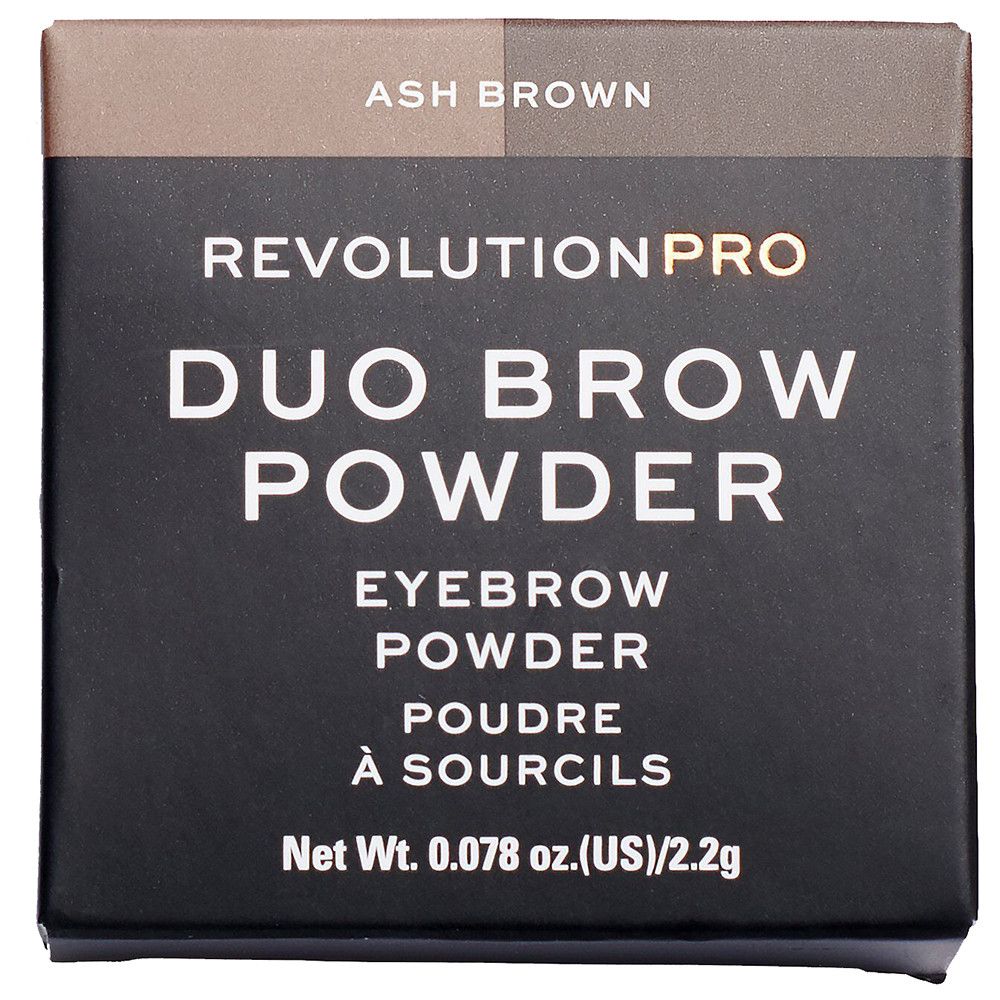 Emballage carton avec inscription "REVOLUTION PRO" et "DUO BROW POWDER". "ASH BROWN" en haut.