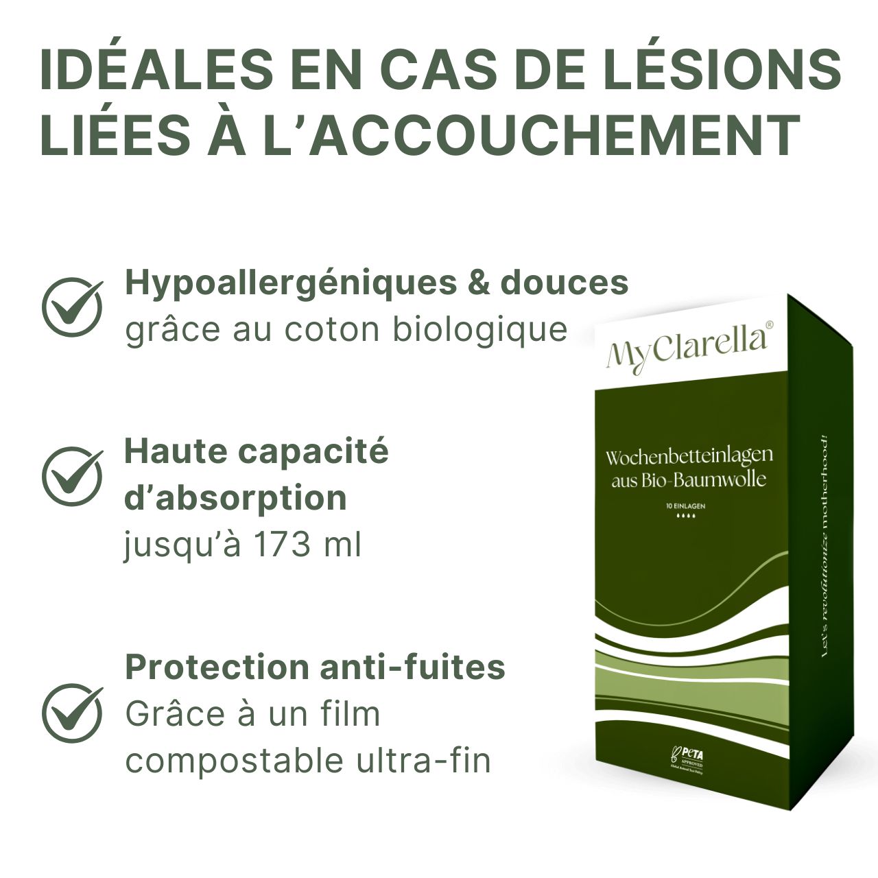 Boîte MyClarella® pour protections post-partum. Vert et blanc. Idéal en cas de lésions liées à l'accouchement. Hypoallergénique.