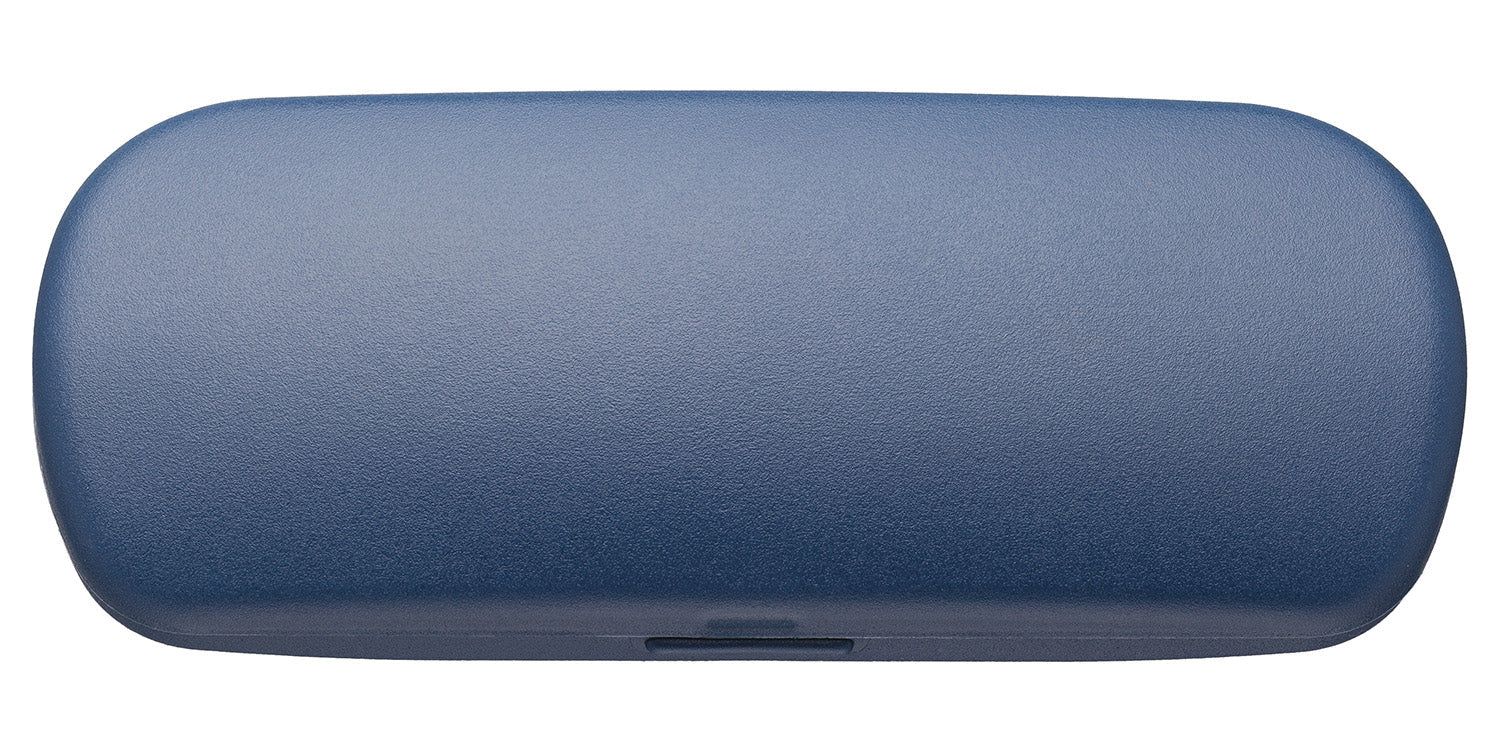 Blauwe kunststof etui, rechthoekig met afgeronde hoeken. Gesloten, met kleine sluiting.