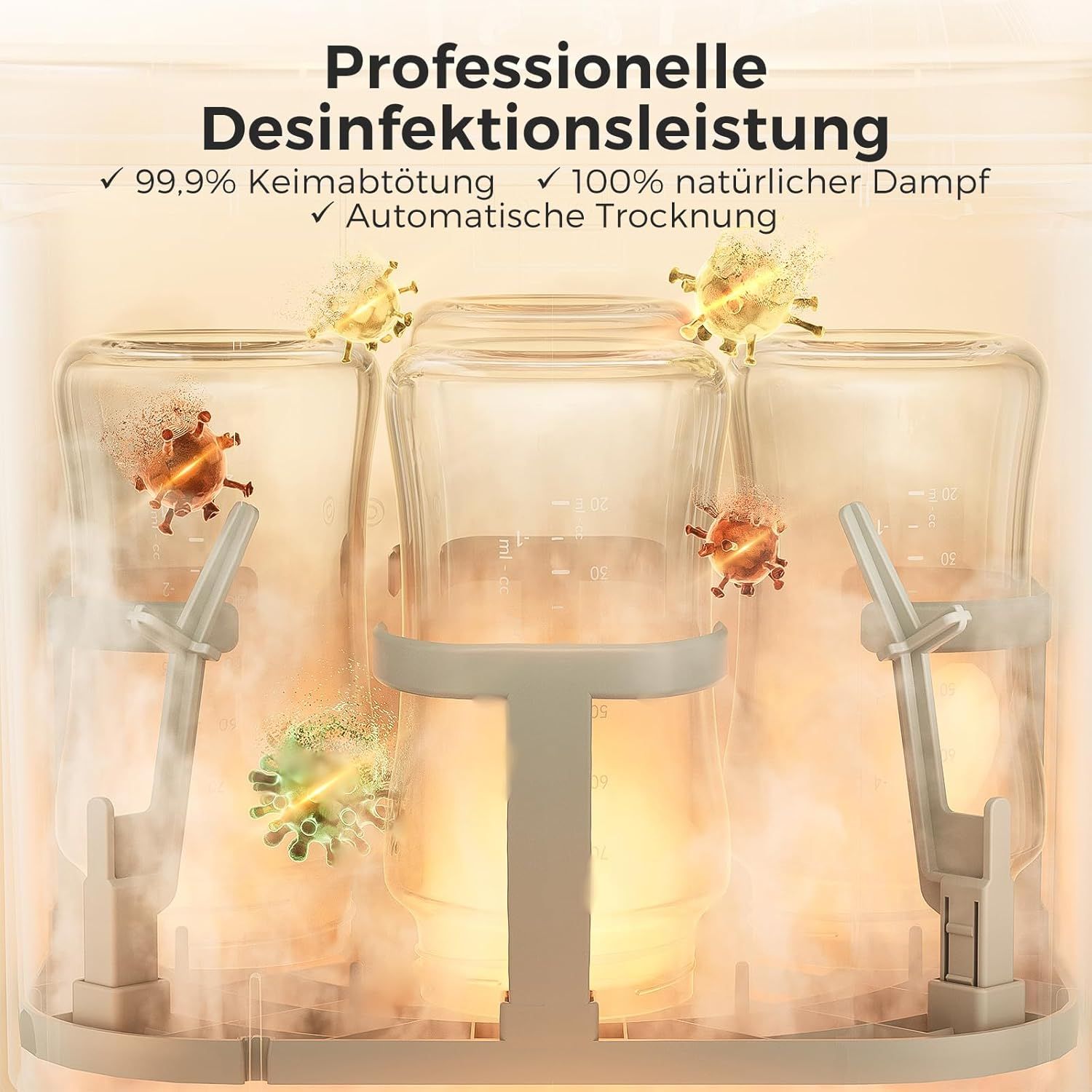 Desinfectie: 99,9% kiemdoding door 100% natuurlijke stoom, automatische droging.