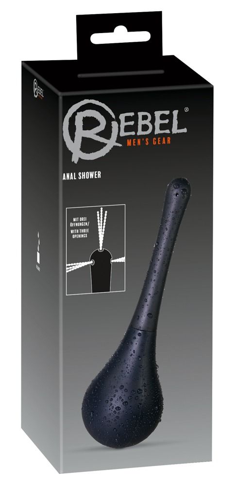 Verpakking van de Rebel anale douche met productafbeelding en instructies.