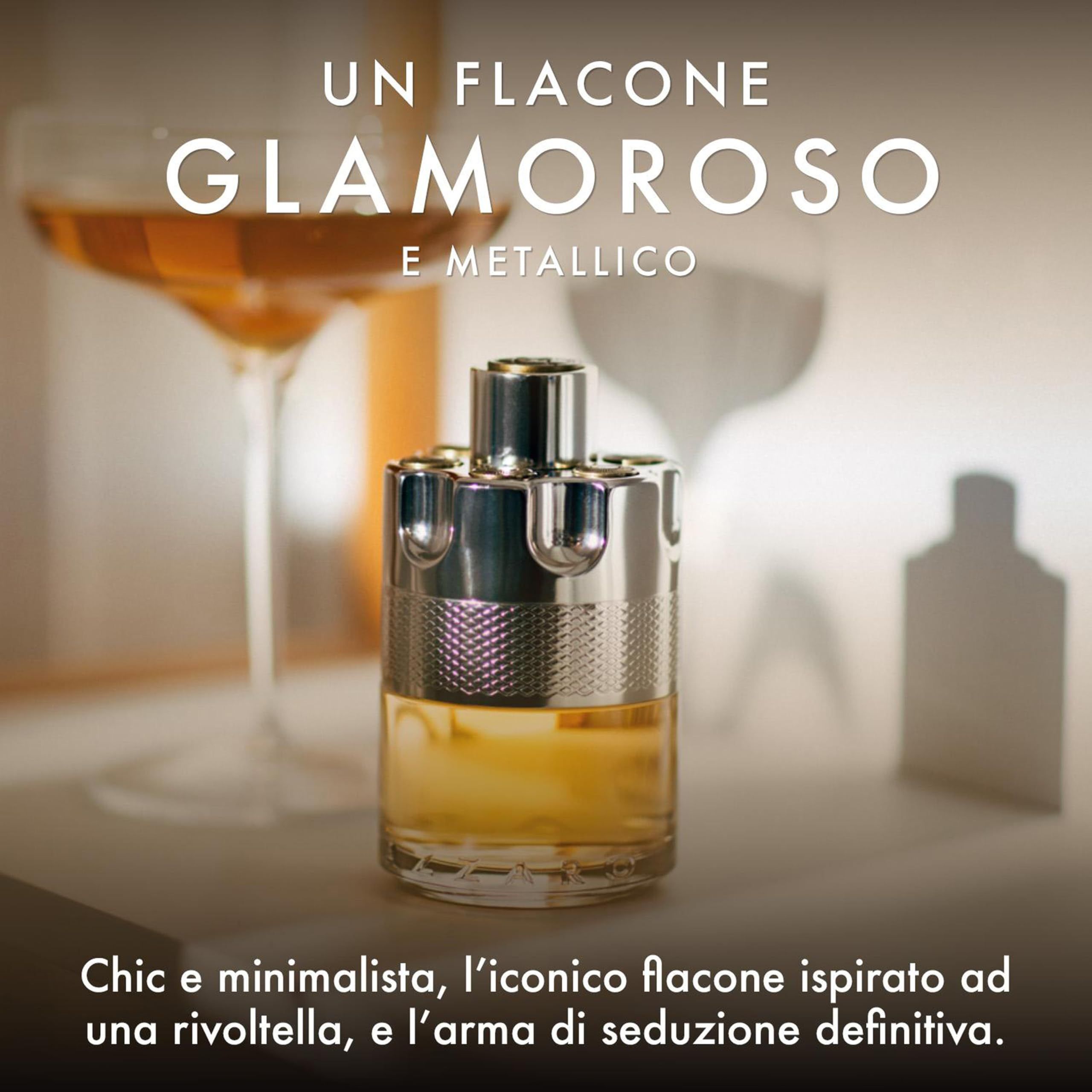 Flacon Azzaro Wanted Eau de Toilette glamour et métallique, inspiré d'un revolver.