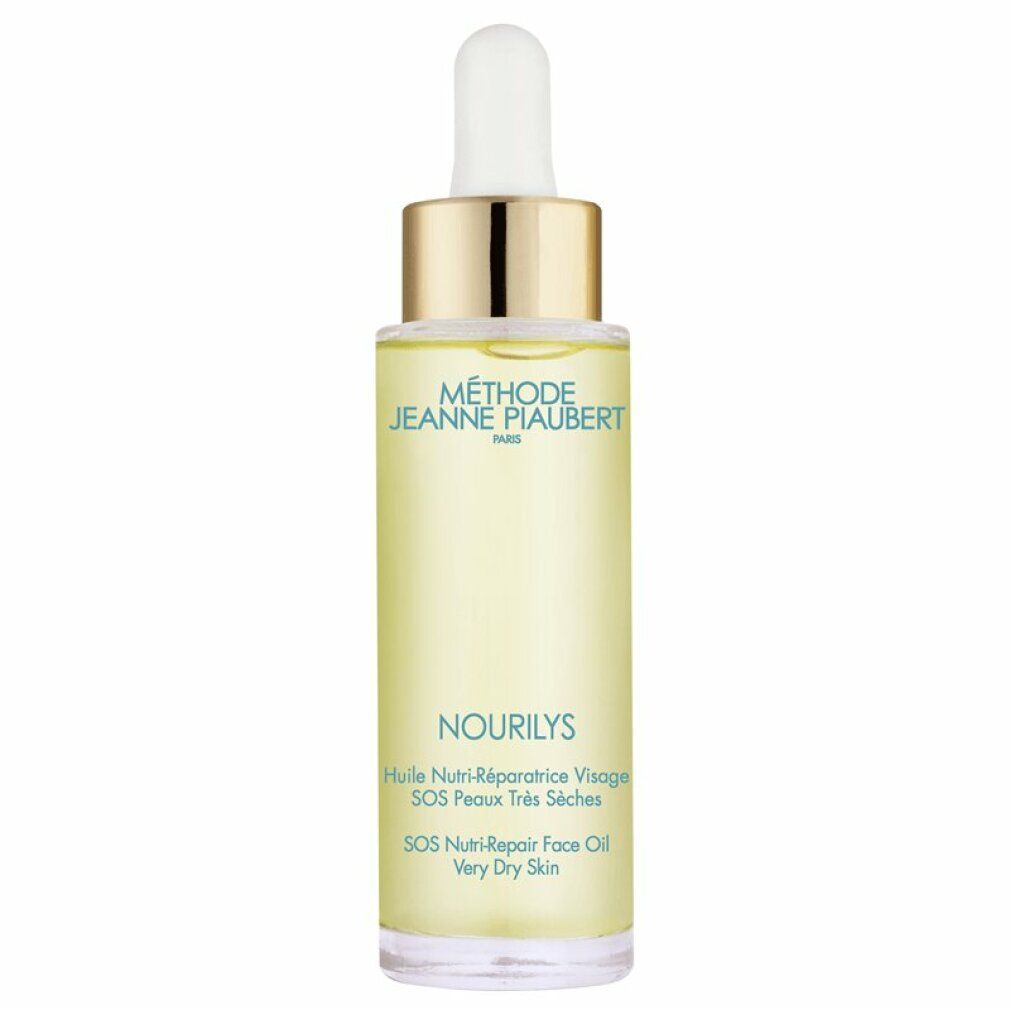 Gezichtsolie fles met gouden dop en witte druppelaar. Opschrift: NOURILYS, SOS nutri-repair face oil.