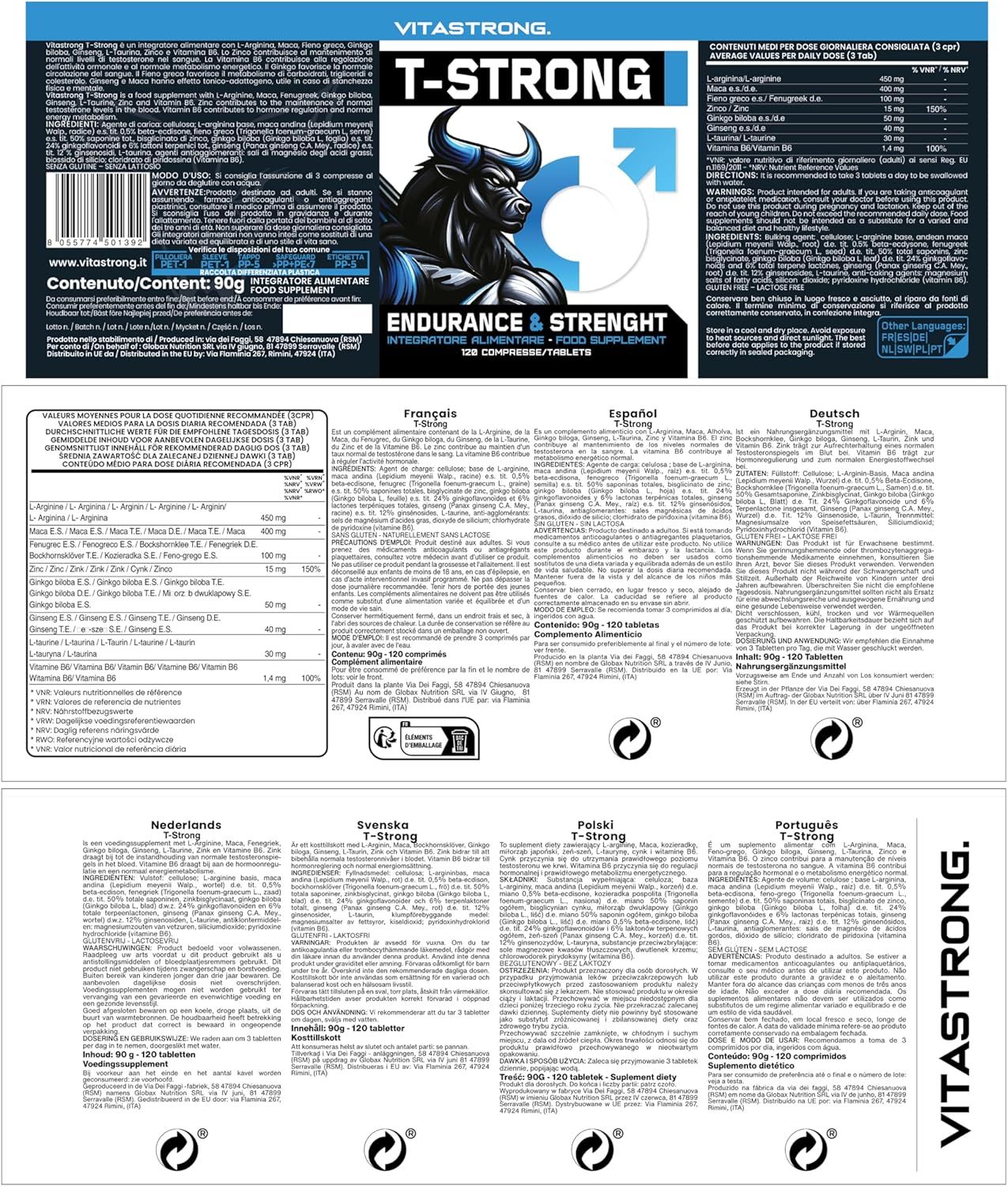 Productverpakking met informatie. Opschrift T-Strong, ingrediënten, voedingswaarde-informatie, gebruiksaanwijzing in meerdere talen.