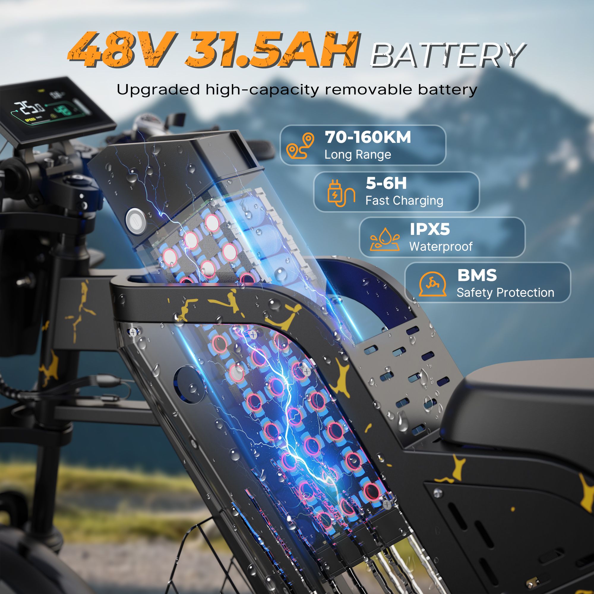 Gros plan sur la batterie d'un vélo électrique. Texte : 48V 31.5AH BATTERY, 70-160KM, 5-6H, IPX5, BMS.